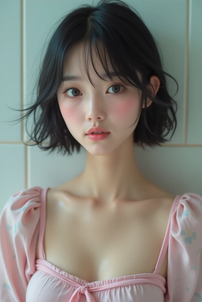 (masterpiece:1.3), (8k, Photorealistic, RAW Photos, Best image quality: 1.4), Japanese, (One Girl), Beautiful Face, (A vivid face), (Black-haired, short hair:1.3), Beautiful hairstyle, Realistic eyes, Beautiful Eyes, (Realistic Skin), Beautiful Skin, Charm, Ultra-high resolution, Surreal, High definition, Golden Ratio, Detail Makeup,Seeing the viewer,Mid-breasted,Pink Lingerie、Pink Bra、Pink Panties、Seamless Lingerie、Cabin attendant、nurse