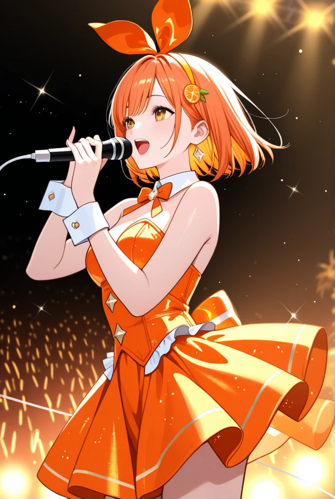 score_9, score_8_superior, score_7_superior, score_6_superior, sauce_anime, One person, Honoka Kousaka, lovelive!, score_9, score_8_superior, score_7_superior, score_6_superior, sauce_anime, blue eyes, Orange Hair, Medium chest, Side Ponytail, Medium Hair, Idol, dancing, noon, stage, Outdoor, sunlight, Idol衣装, White panties, Panty shot, alone, Skirt that flips up big, smile