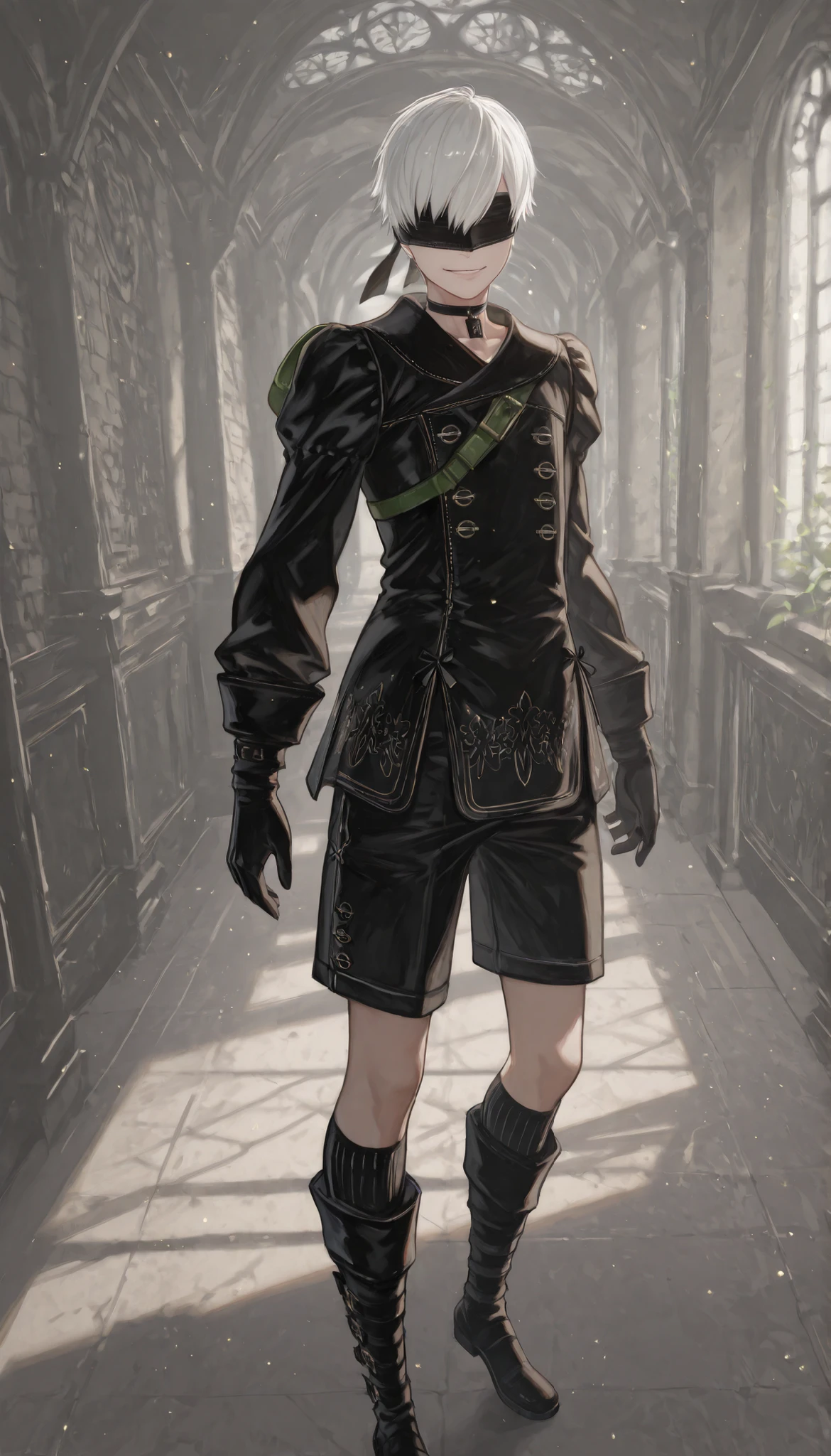 score_9, score_8_up , score_7_up , score_6_up , score_5_up , score_4_up , NAXL , _(nier), blindfold, black blindfold, ((male, 1boy, solo, alone)), white hair, short hair, smile, looking at viewer, indoors 、panoramic, black_gloves, black_outfit, uniform, knee_boots, black shorts, choker