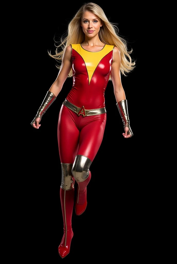 MASTERPIECE, Electra Woman, Metallic red leotard, gold belt, yellow boots, blonde hair, hair down, standing, facing the camera