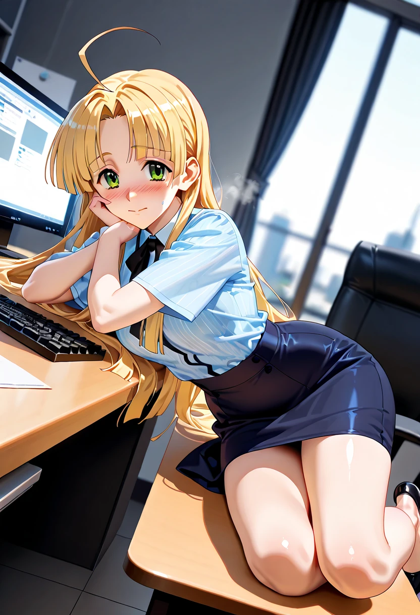 ((best quality)), ((highly detailed)), masterpiece, detailed face, beautiful face, (detailed eyes, deep eyes), (1girl), full body, <lora:Chrome-Chan:.9>, Chrome-chan, (multicolored hair, blonde hair, blue hair, red hair, green hair, streaked hair), medium hair, multicolored eyes, shirt, sleeveless, long sleeves, white bridal gauntlets, pleated skirt, skirt, blue skirt, white thighhighs, jewelry, ring, green shoes, evil smile, grin, shaded_face, glare, ((glowing eyes)), in the dark, inside, in an office, desk, computer, keyboard, sitting on desk, office chair