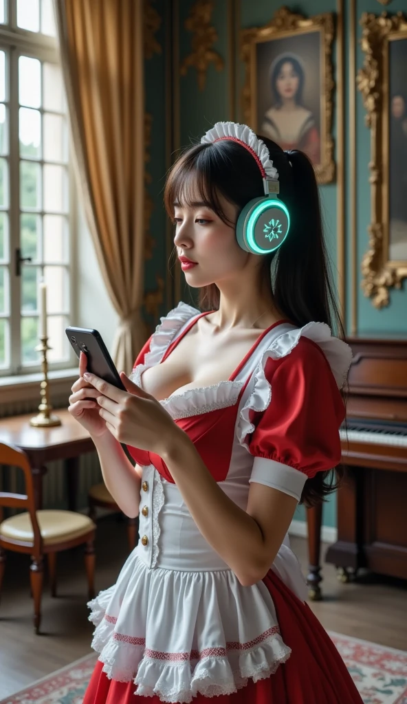 ultra-realistic, photorealistic, dramatic scene, documentary photo, shadow, very beautiful Japanese girl\( traditional maid, fragile woman, very beautiful but boyish cool face, wearing a gorgeously decorated maid costume made with elegant lace frills, twintails, neon glowing large headphones, futuristic large headphones, large breasts\), she is standing at the antique room in the European old castle, holding her smartphone to listen music, gorgeously decorated furnishings in the antique room, beautiful artistic window with curtain, antique table with chair, candle stand, piano, old picture on the wall,