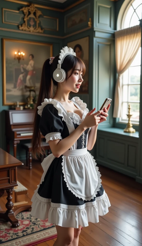 ultra-realistic, photorealistic, dramatic scene, documentary photo, shadow, very beautiful Japanese girl\( traditional maid, fragile woman, very beautiful but boyish cool face, wearing a gorgeously decorated maid costume made with elegant lace frills, twintails, neon glowing large headphones, futuristic large headphones, large breasts, gentle smile\), she is standing at the antique room in the European old castle, holding her smartphone to listen music, gorgeously decorated furnishings in the antique room, beautiful artistic window with curtain, antique table with chair, candle stand, piano, old picture on the wall,