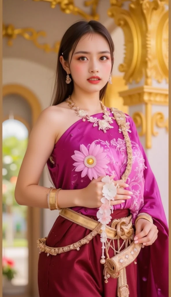 ((masterpiece)),upper body : lady Nang Kwak, Thai girl in a traditional Thai dress, magenta, with a fine pattern. ,Beautiful smile, Take a walk and admire beautiful, colorful flowers. ,The face is beautiful, sharp and realistic., Big, beautiful breasts, Hip fart,Wear luxurious ruby gemstone jewelry.,Professional Poses, Eyes on the audience,realistic 8K,
