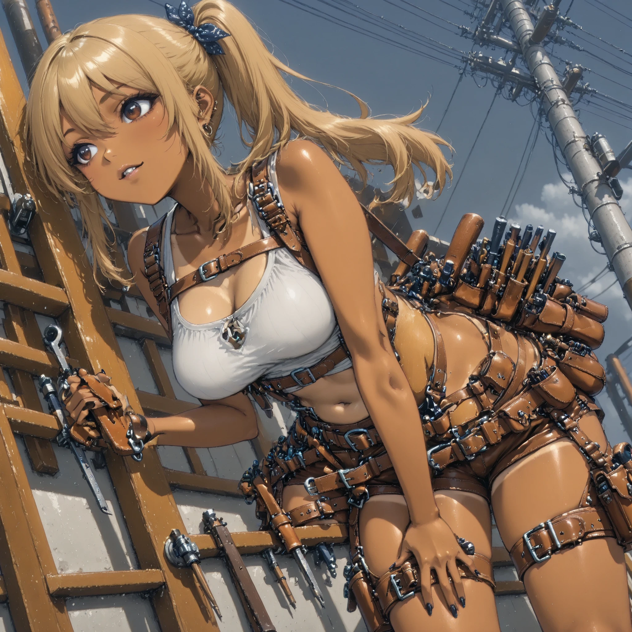 One Ouka-chan climbing a telephone pole, tanned leather tool belt equipped with lots of tools with safety belt hooks、tanned leather full harness with safety belt hook、kogyaru