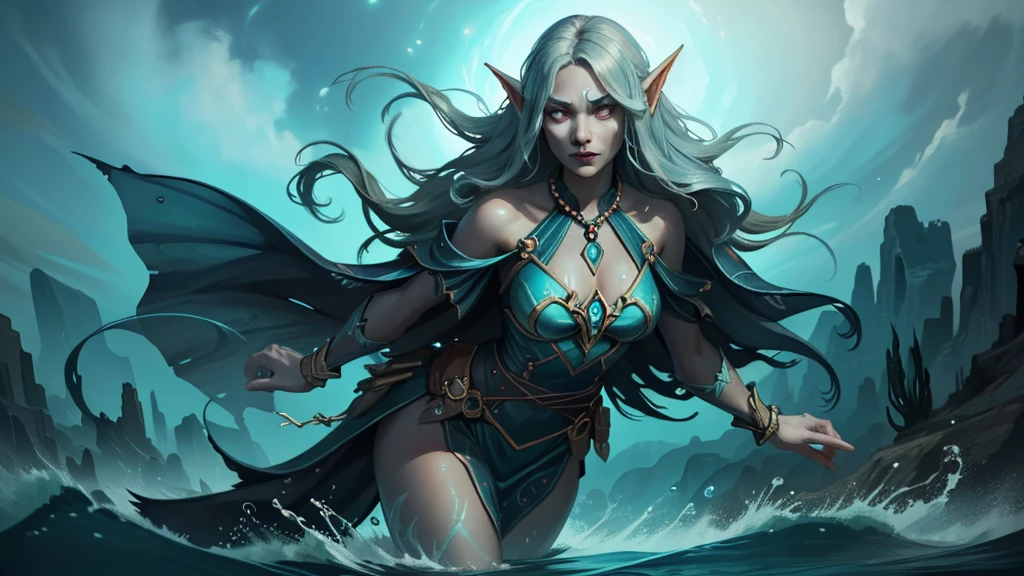 elven girl, porcelain skin, high cheekbones, sharp facial contours and graceful, delicate features, cold expression, hair thick, long and straight, blue-black with a hint of dark silver, dark blue eyes with a slight underwater light coming from within, blue shadows around the eyes, her gaze is directed to the side, black tight robe, creates a transparent blue cube in her hands, blue cubes in the background