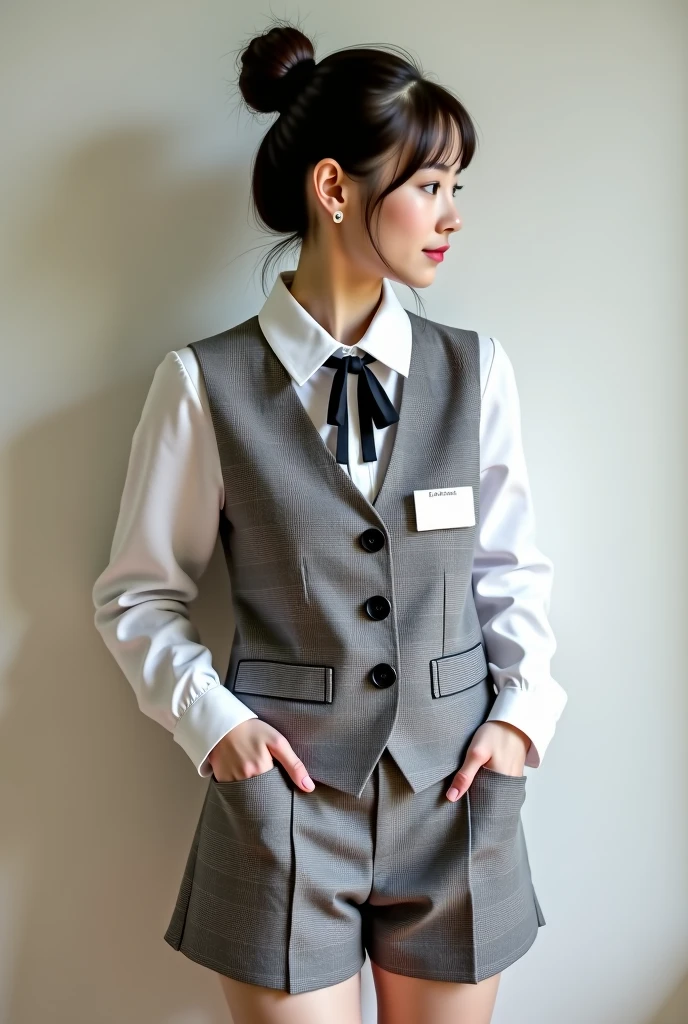 (8k, RAW photo, best quality, masterpiece:1.2), (realistic, photo-realistic:1.37), ultra-detailed,(detailed beautiful girl:1.4),1 girl,full body,<lora:office uniform:0.6>office uniform,office vest,office,micro mini skirt,short hair,<lora:Daisy Ridley:1>skswoman,smile