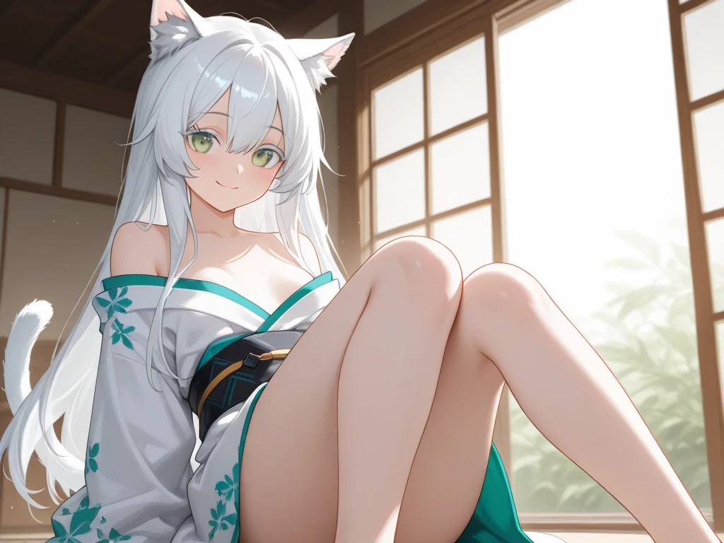 ((ultra quality)), ((Masterpiece)), ((8K)), kitsune, Skinny physique, ((white long flowing hair)), (Beautiful face), (kitsune ears), charming, ((sexy facial expression)), looks at the camera with a slight smile, eyes closed a little, (Skin color white), (snow-white skin), glare on the body, ((detailed beautiful female eyes)), ((Green eyes)), (beautiful female lips), (dark eyeliner), (beautiful female hands), ((Ideal female figure)), Ideal female body, beautiful waist, beautiful hips, small breasts, (dressed in Japanese kimono), ((subtle and beautiful)), sits seductively on your knees (), background: Japanese Room, ((depth of field)), ((high quality clear image)), (clear details), ((High detail)), realistically, ((Clear Focus))