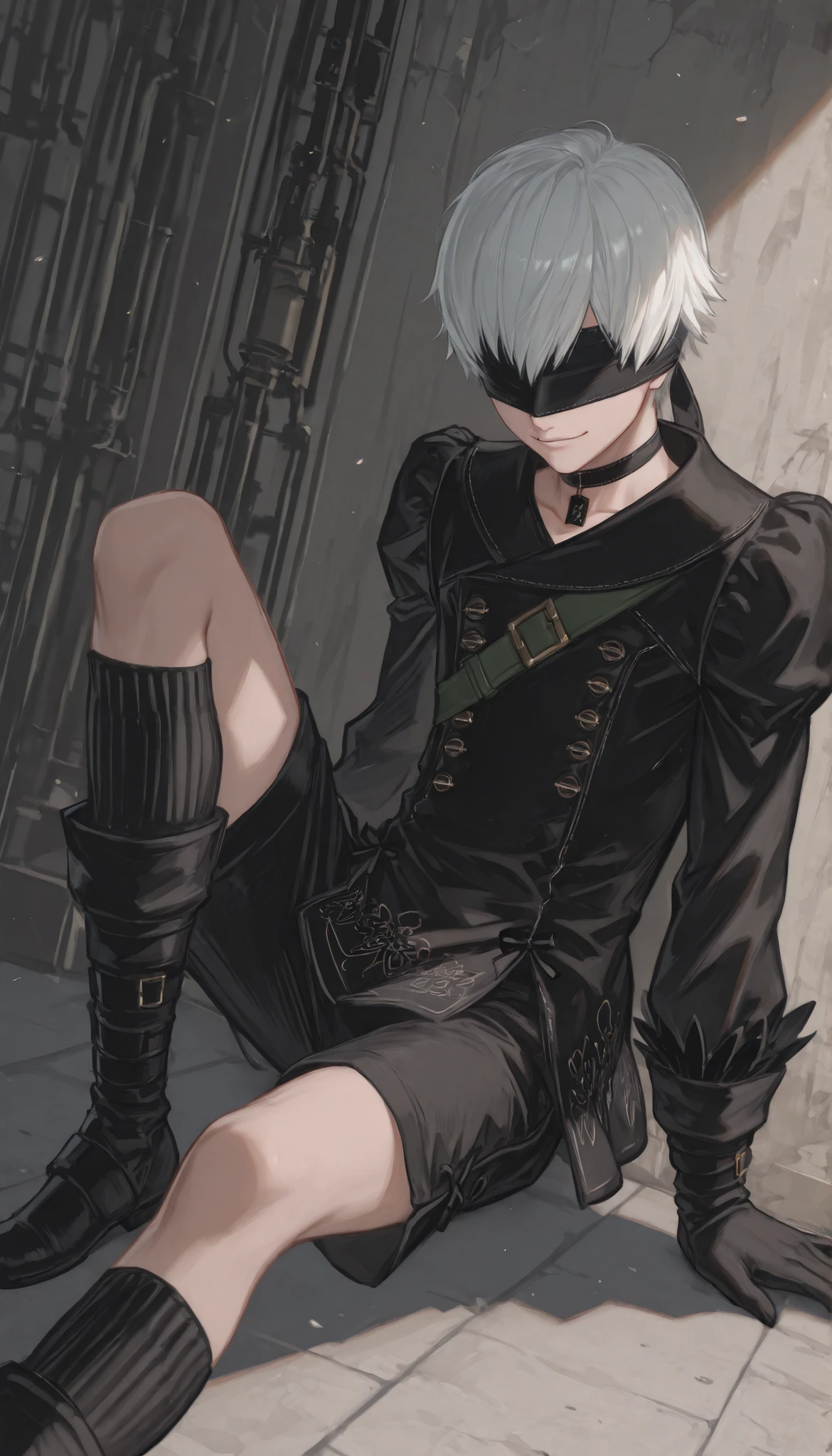 score_9, score_8_up , score_7_up , score_6_up , score_5_up , score_4_up , NAXL , _(nier), blindfold, black blindfold, ((male, 1boy, solo, alone)), white hair, short hair, smirk, looking at viewer, indoors 、panoramic, black_gloves, black_outfit, uniform, knee_boots, black shorts, choker, (close up), dynamic angle, sitting on floor, outdoors