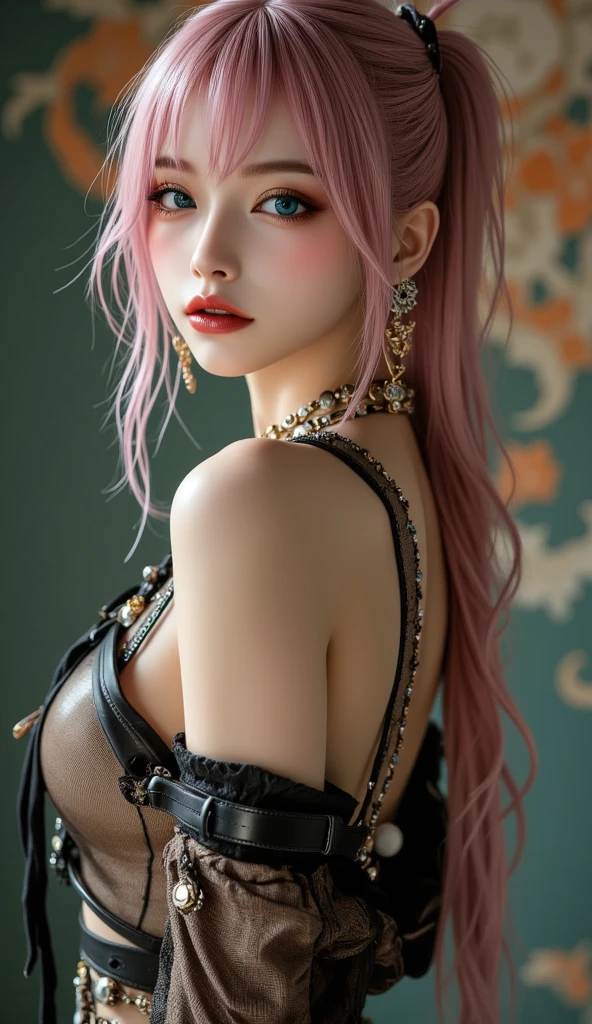 (best quality,8K,high resolution,masterpiece:1.2),Digital Artwork, A girl,Delicate face,Delicateeyes,Pink Hair,Long straight hair,Glowing purple eyes,red lips,Suspenders, High quality CG, feminine pose, Goethe style