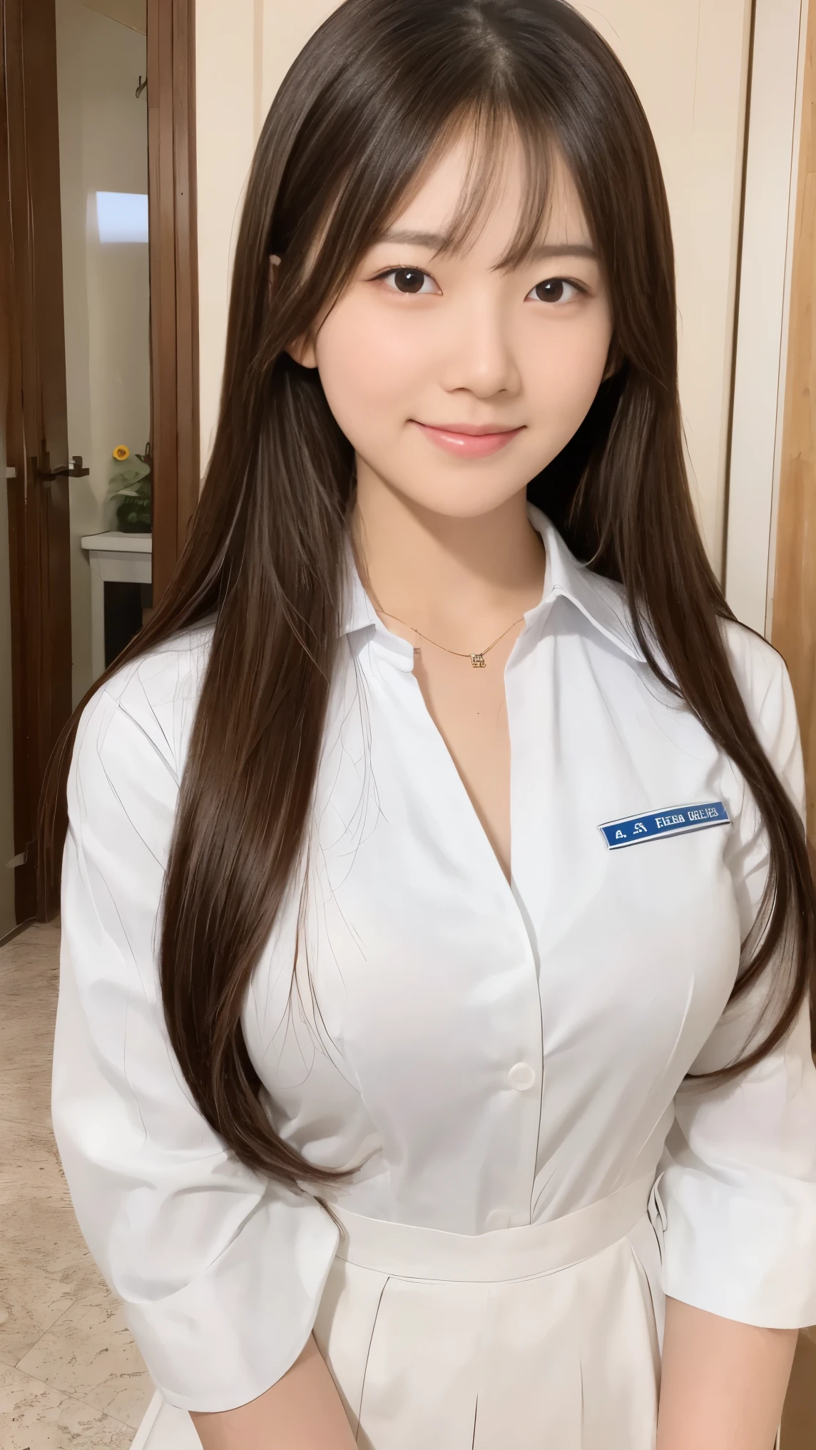Please help me draw a picture of a real person
Sheet,is about 22 years old
Right Asian Women Wearing White Tops
Uniforms,Long hair、large eye with temperature
A soft smile or a clean style
New photo