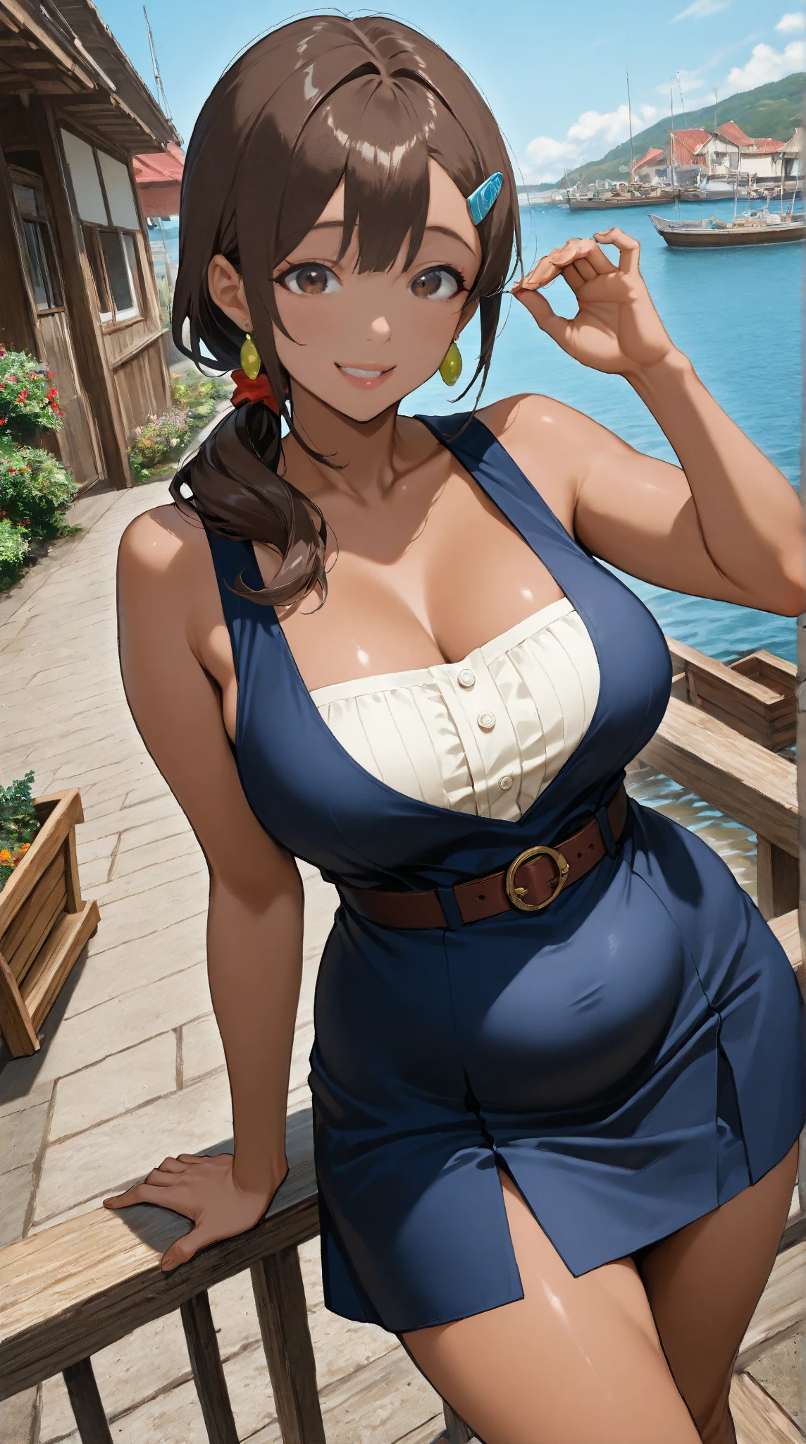 (day:1.7), a city with a lot of buildings and a sky background with clouds in the background and a blue sky, architecture,
Standing at attention, at the roof,
deep cleavage, collarbone, White apron,bare shoulders, 
black Hair,  brown eyes, Bangs, single braid, 
1 girl, 20yo,Young female,Beautiful Finger,Beautiful long legs,Beautiful body,Beautiful Nose,Beautiful character design, perfect eyes, perfect face,expressive eyes,
looking at viewer, in the center of the image,(Upper_body),(close-Up),(Focus on her face),
official art,extremely detailed CG unity 8k wallpaper, perfect lighting,Colorful, Bright_Front_face_Lighting,shiny skin, 
(masterpiece:1.0),(best_quality:1.0), ultra high res,4K,ultra-detailed,
photography, 8K, HDR, highres, absurdres:1.2, Kodak portra 400, film grain, blurry background, bokeh:1.2, lens flare, (vibrant_color:1.2)
(Beautiful,large_Breasts:1.4), (beautiful_face:1.5),(narrow_waist),
