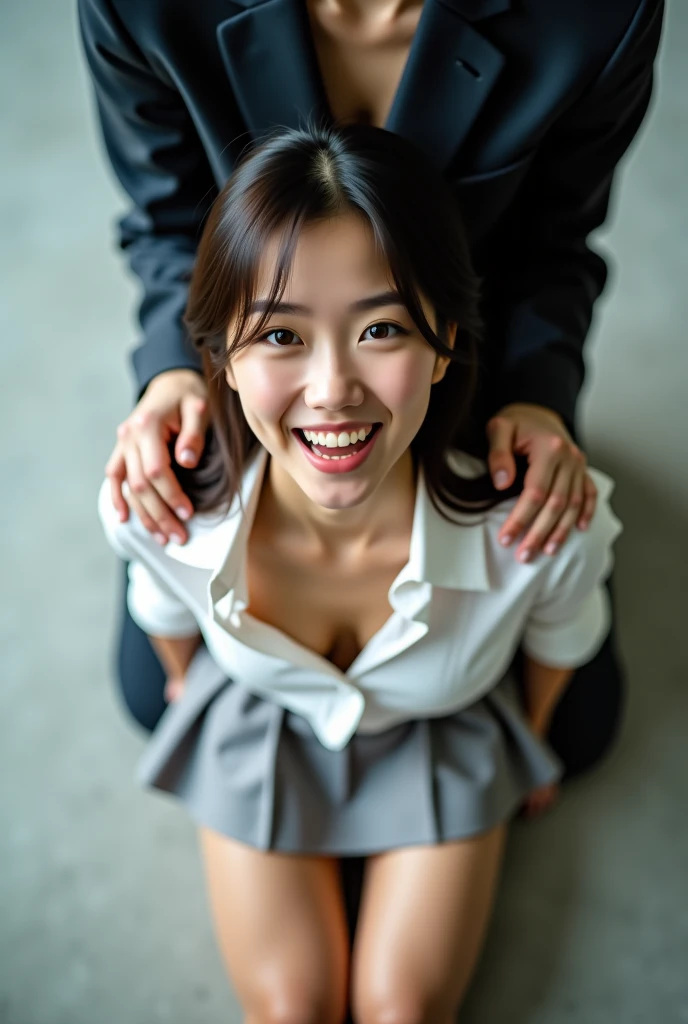 (8k, RAW photos, highest quality, masterpiece: 1.7), (Realistic, Photorealistic: 1.9), (medium breasts), 40 years old, black hair, medium hair, school, classroom, sweaty face, (nude), ((lick penis)), side angle, smile a little