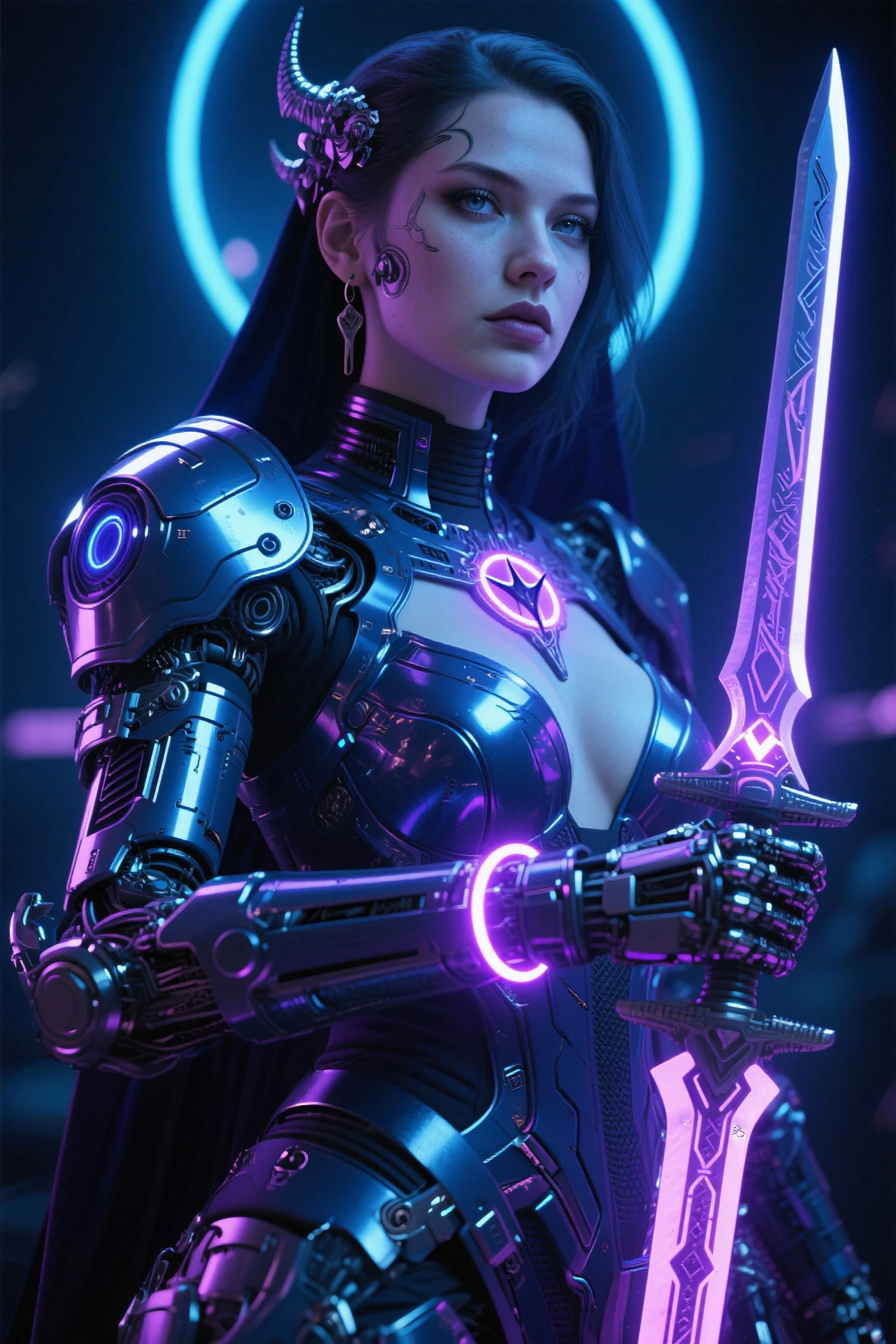 Luciwilde is a sexy cyborg with a entirely electric purple metallic body(obviously mechanical), metal helmet stylized as a fashion model hairdo (no hair visible), and a completely human face. She is flying through space propelled by jets in her feet. She has a guitar with a laser rifle built into it. Full body shot, show all of her, action pose with her weapon, best quality, extreme attention to detail, beautiful face
