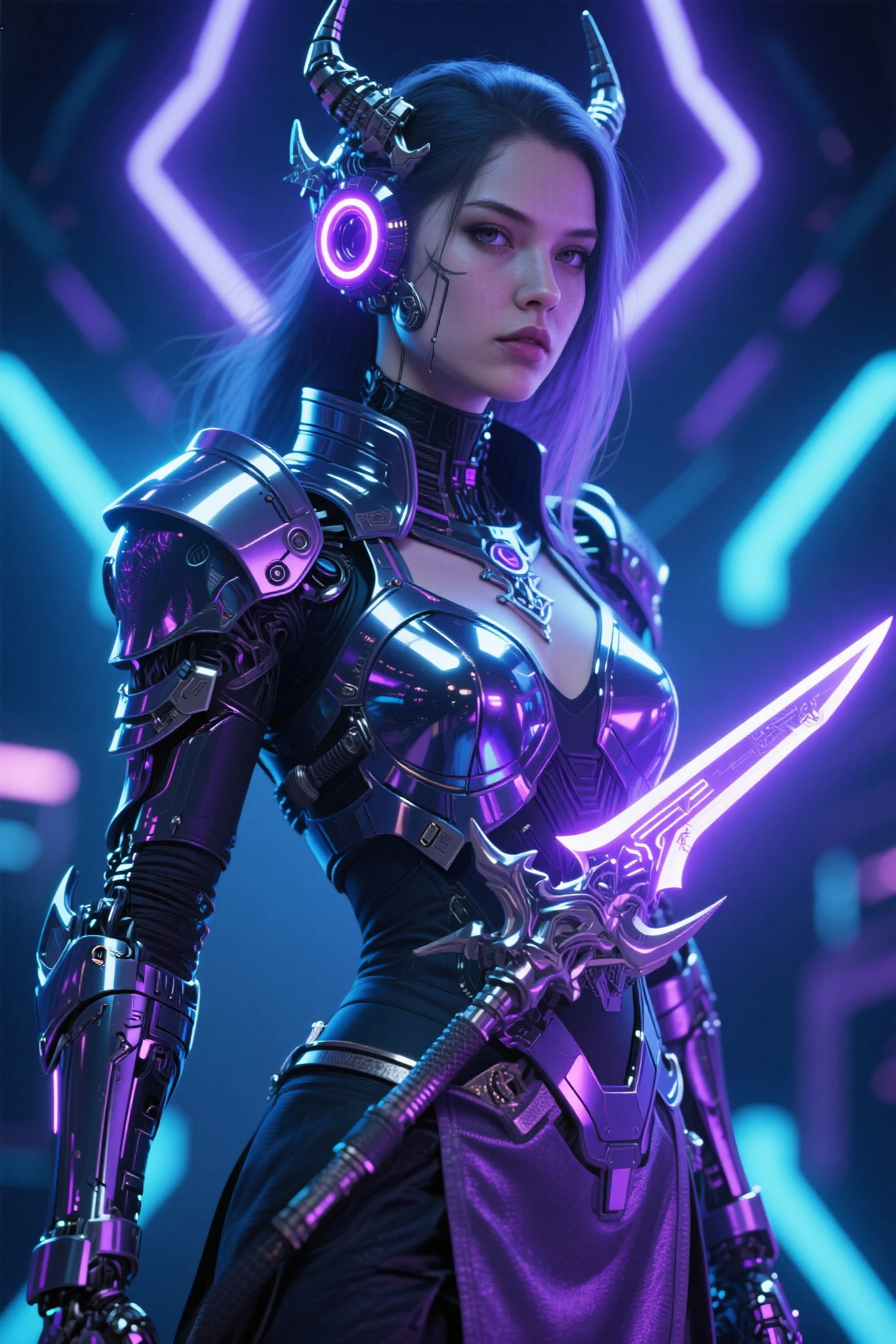 Luciwilde is a sexy cyborg with a entirely electric purple metallic body(obviously mechanical), metal helmet stylized as a fashion model hairdo (no hair visible), and a completely human face. She is flying through space propelled by jets in her feet. She has a guitar with a laser rifle built into it. Full body shot, show all of her, action pose with her weapon, best quality, extreme attention to detail, beautiful face