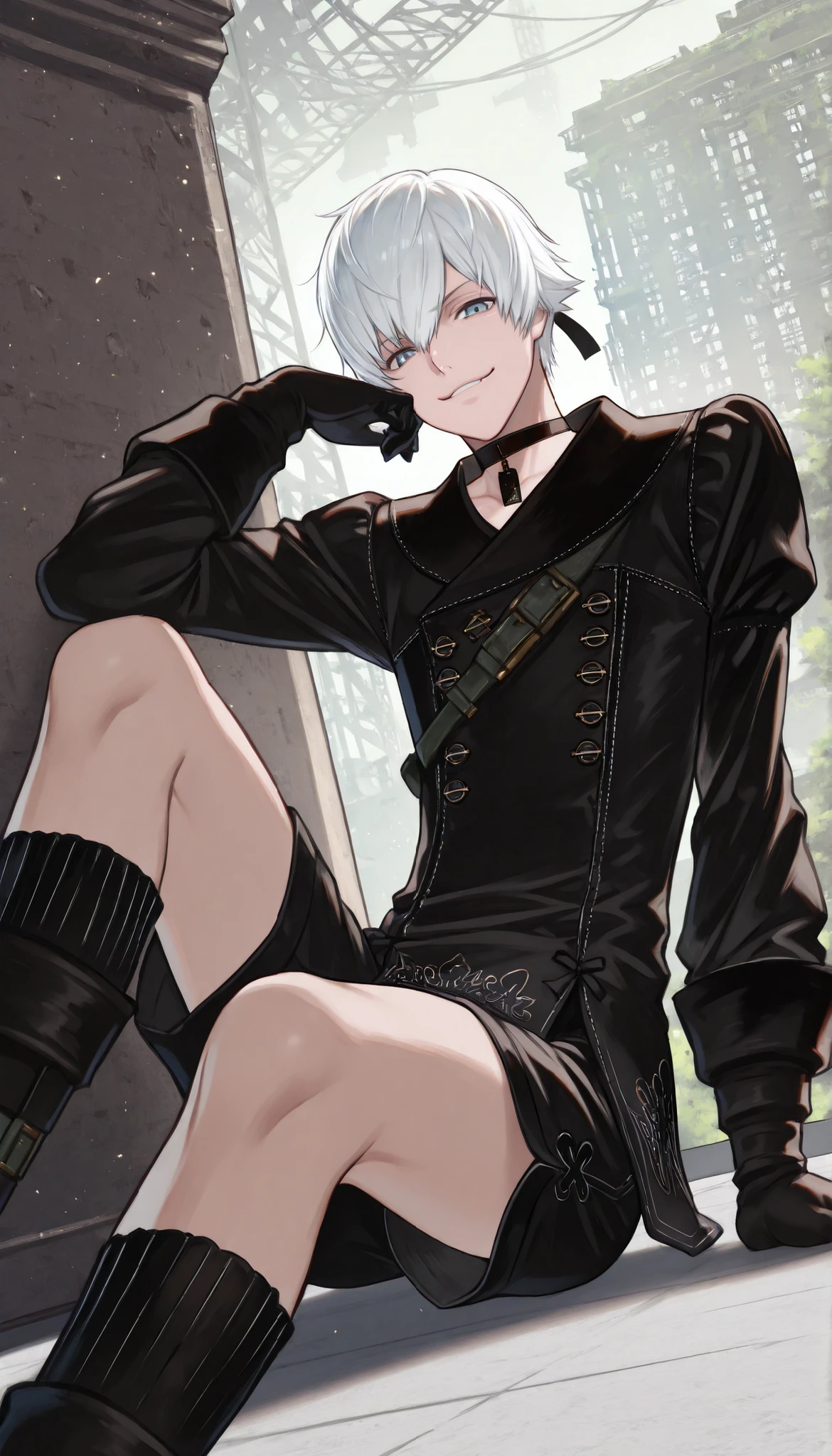 score_9, score_8_up , score_7_up , score_6_up , score_5_up , score_4_up , NAXL , _(nier), blue eyes, handsome, ((male, 1boy, solo, alone)), white hair, short hair, smirk, looking at viewer, indoors 、panoramic, black_gloves, black_outfit, uniform, knee_boots, black shorts, choker, (close up), dynamic angle, sitting on floor, outdoors