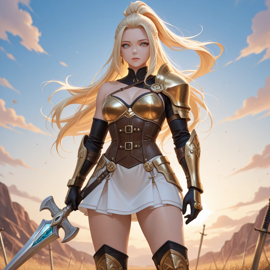 ((masterpiece, best quality)), (elf ears), female elf, female blonde muscular elf with blue eyes in knight armor, stunning character art, character art of a beautiful muscular female elf:1.4, athletic body, muscular:1.4, Well trained: 1.4, sixpack: 1.4, epic exquisite character art, character art portrait, rossdraws 1. 0, high quality digital concept art, beautiful female knight wearing knight armor