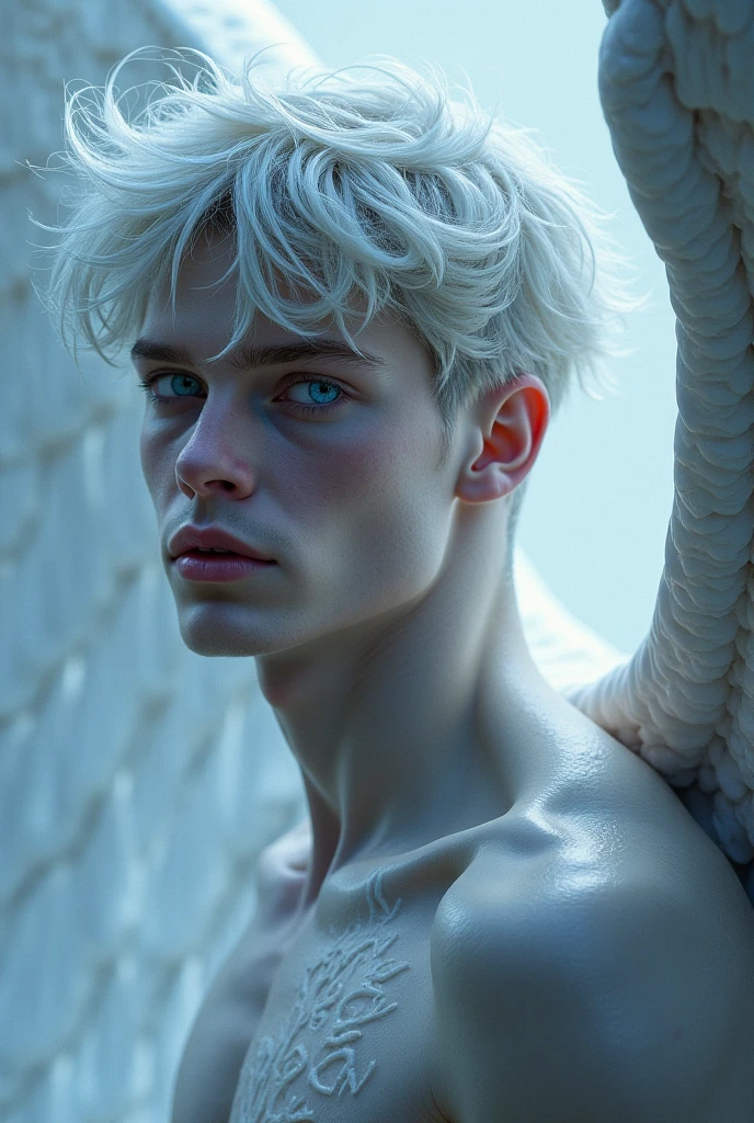 Jack Frost, thin nose, thin lips, blue eyes, white hair,  jock putfit, young very handsome face, best quality,masterpiece,Ultra high detail,A handsome hunky muscular man, completely , topless, white micro thong, with white cloth, white transparent mesh cloth.  , realistic,winter as  background,