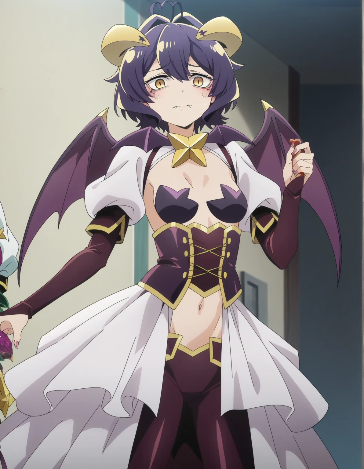 1girl, there is a woman in a costume, bunny girl, spellcasting pose,black hair, short hair, purple eyes, dark skin, lunar themed attire, black and white maid dress outfit with a short skirt, doing a sassy pose, fishnet stockings, perfect dynamic pose, magical roses around her