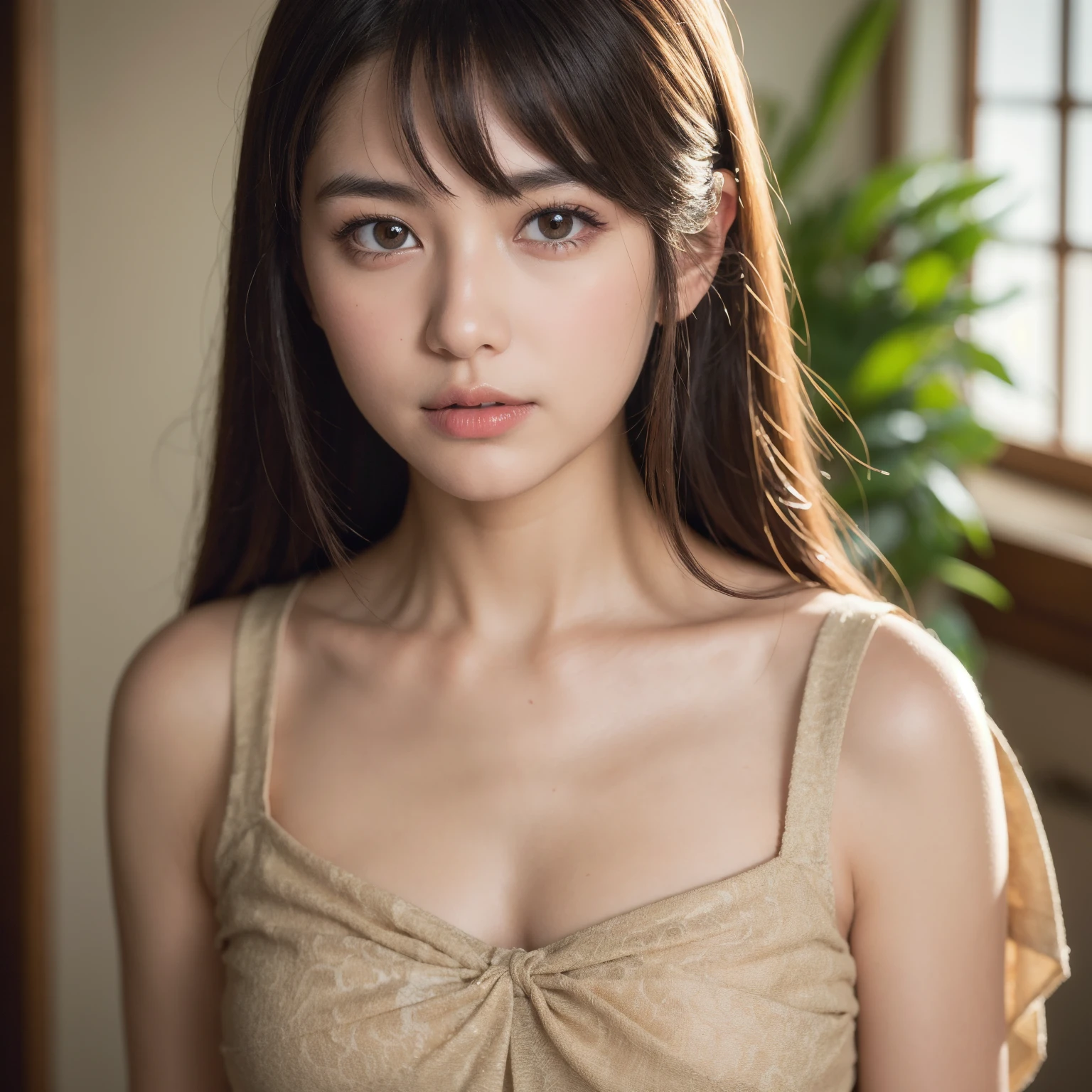 best quality, face focus, soft light, ultra high res, (photorealistic:1.4), RAW photo,
1japanese girl, solo, cute, (pupil, lights in the eyes), detailed beautiful face, (small chest),(high resolution detail of human skin texture),
(long hair),
indoor,
Damask Shirt Dress,
(portrait)