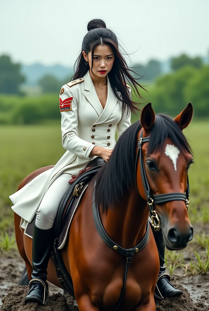 Japan人の近代フランス軍服を着たふくよかな若いメルヘン女性が馬に跨り畑に埋もれて逃げられない,red cloak,stuck in a ...