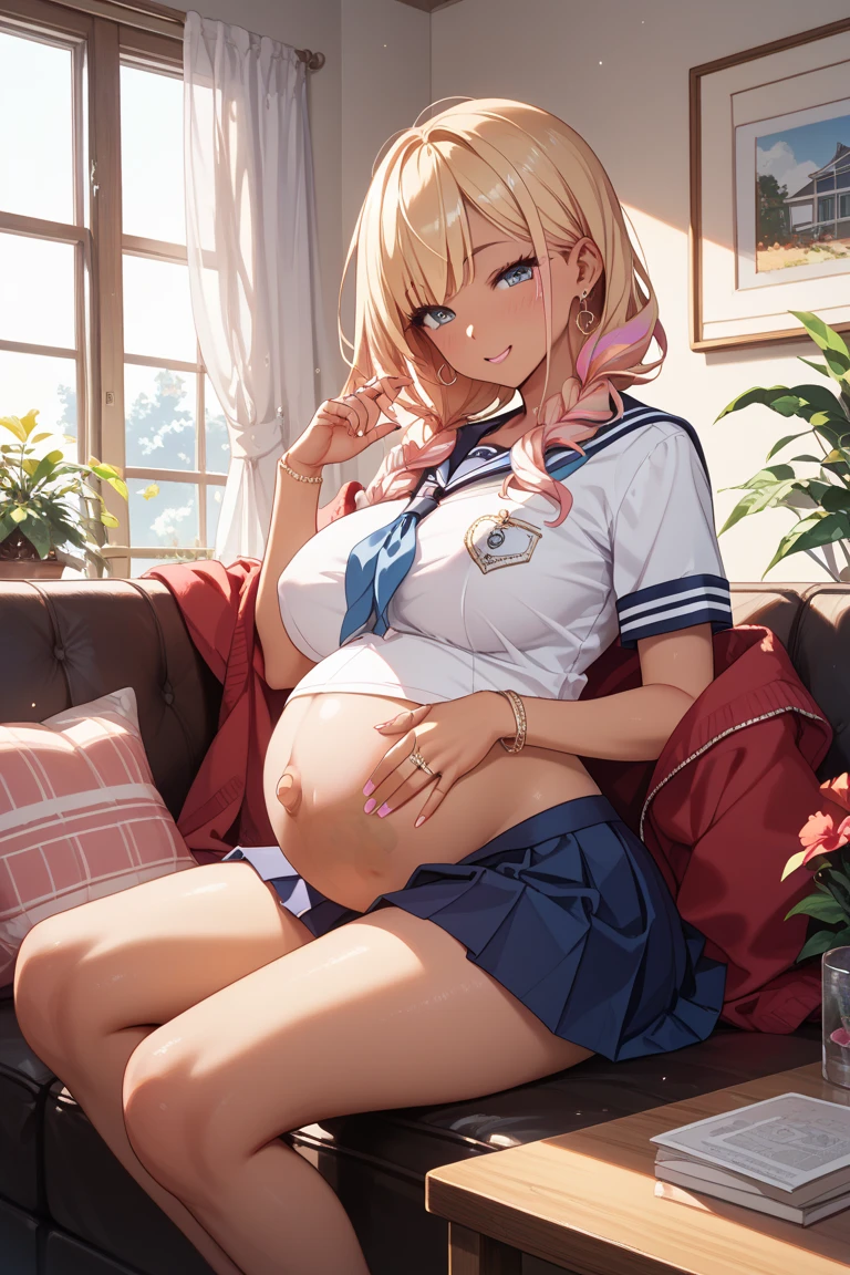 adult woman, pregnant, in labor, big breasts, Wide hips, blonde hair tied in a bun, blue eyes, hospital gown. lying in bed, open legs, dilated cervix, exposed vagina, baby head visible. bottom: hospital. 