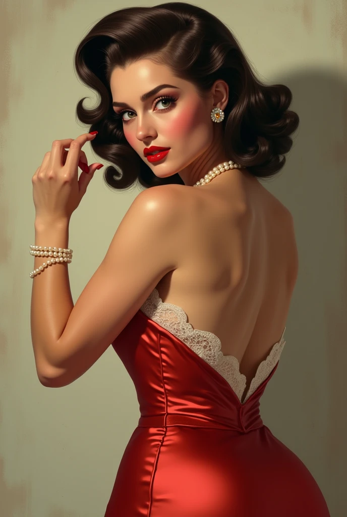 uma pintura de retrato (((Filme noir)) of looking at the camera with a subtle smile, She is wearing red lipstick and small black earrings and has bare shoulders and ((mamas expostas))
