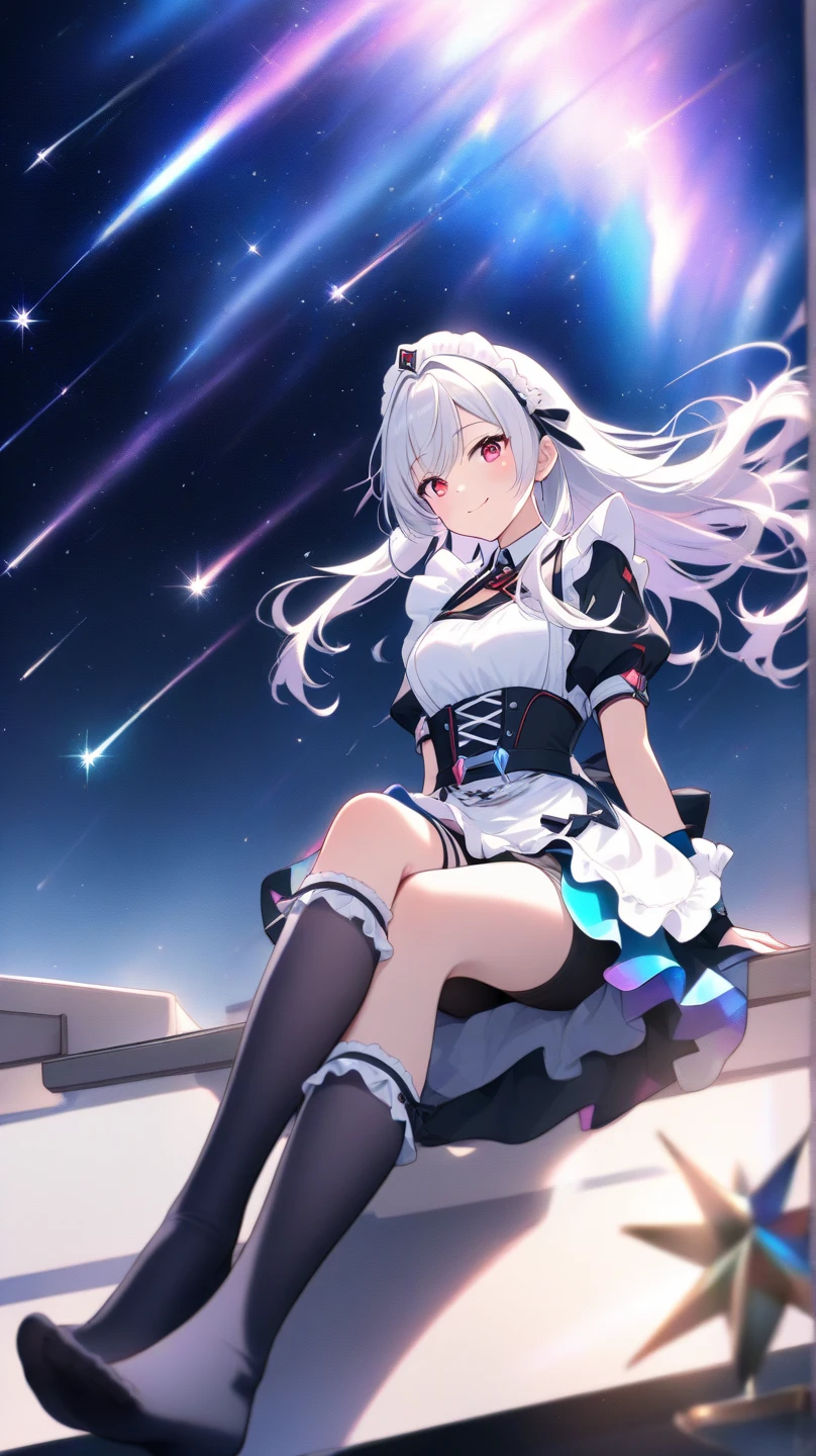 Please change it into a maid costume((black maid outfit、mini skirt))((Lots of frills))
