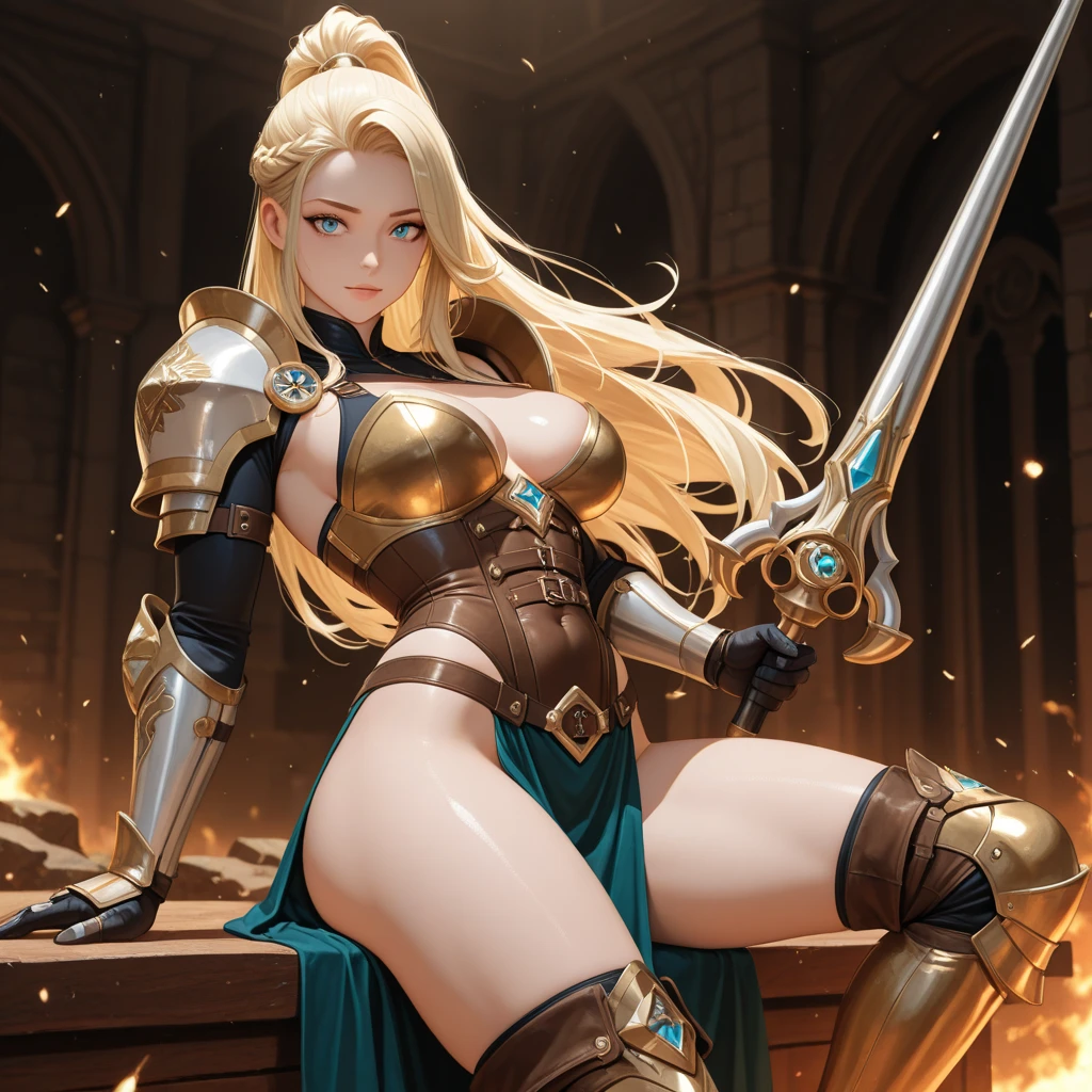 8K,Blonde sexy holy knight in holy armor、Holy Knight with a Big Sword、(Face like the real thing) Blonde Wave Sexy muscular slender body muscular Slender lower body Black pants Silver Leg Armor Dark Fantasy Paladin、Portrait of the Holy Knight、Beautiful female holy knight、Charming Female Holy Knight、Holy Knight with a Sword、Holy Knight Character Beautiful expression 超A high resolution real looking skin A sexy Golden decoration Blue glowing eyes