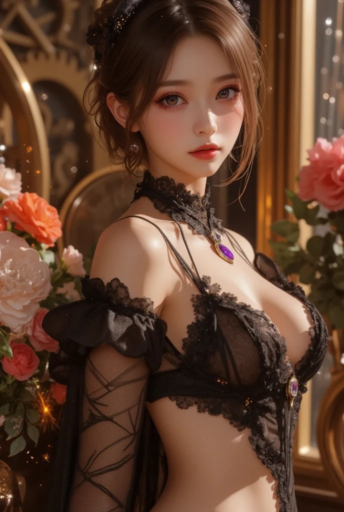 Official Art, Unity 8k wallpaper, super detailed, beautiful, beautiful, masterpiece, best quality,
darkness, atmosphere, mystery, romanticism, creepy, literature, art, fashion, victorian, decoration, intricacies, ironwork, lace, contemplation, emotional depth, supernatural,
1 girl, solo, neck, half composition, transparent clothing, transparent clothes, pink cute, pink tender, proud and holy, sacred, naked, leaky shoulders, leaky, fat buttocks, big breasts, double breasts, real light and shadow, cinematic light, cinematic sense, light effects, holiness,