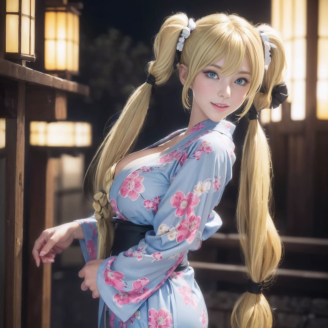(chainsawman、Makima)、Brown skin、kimono、(Orange braid)、Young、Cute、a beautifulchi girl、Perfect style、HugeBoobs、Emphasizes cleavage、deadpan、Realstic、Realistic、8k、intensely detailed、best quality、Top image quality、UltraHighResolution、A masterpice、only girl、(The background is a festival of Japan)、