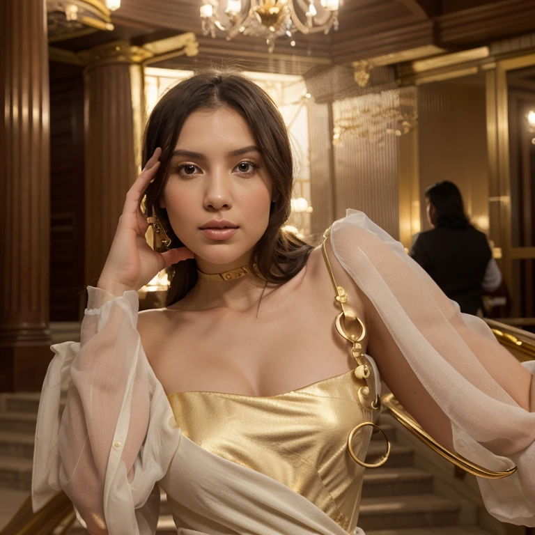 (Fashion Photography, Award Winning), photograph, RAW photo, person from the tudor era, wearing a rich gold empire waist dress with floral embroidery, square-toe shoes with embroidered accents, subtle eyeshadow, silver earrings, jeweled belt,carrying a silk pouch,, church Chapel, Serene sanctuary with a mosaic-tiled floor, a small marble altar adorned with flowers, flickering votive candles, a wooden kneeler, and a serene statue of a patron saint, bangs hair, (upper body shot:1.5), by Steve McCurry, 35mm, F/2.8, ((Photo Focus, DOF, Aperture, hypermaximalist, revealing, appealing, attractive)), (masterpiece, best quality, highres:1.2), (photorealistic:1.2), (intricate and beautiful:1.2), (detailed light:1.2), (colorful, dynamic angle), (official art), (perfect skin), (sharp), epiCRealism, epiCPhoto, Tower13_Priscilla