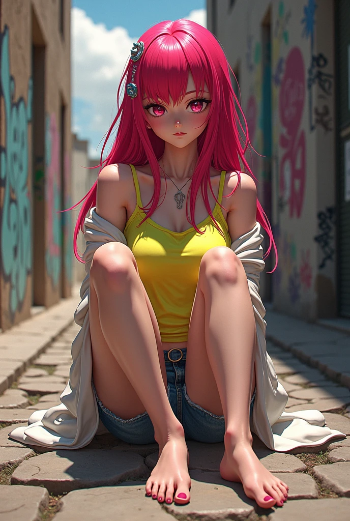 girl with long red hair, very sexy, punk look, sitting on top of a skateboard, miniskirt, tank top, side breasts, open legs we see her panties, abandoned neighborhood full of graffiti, , Bill Sienkiewicz inspired art
