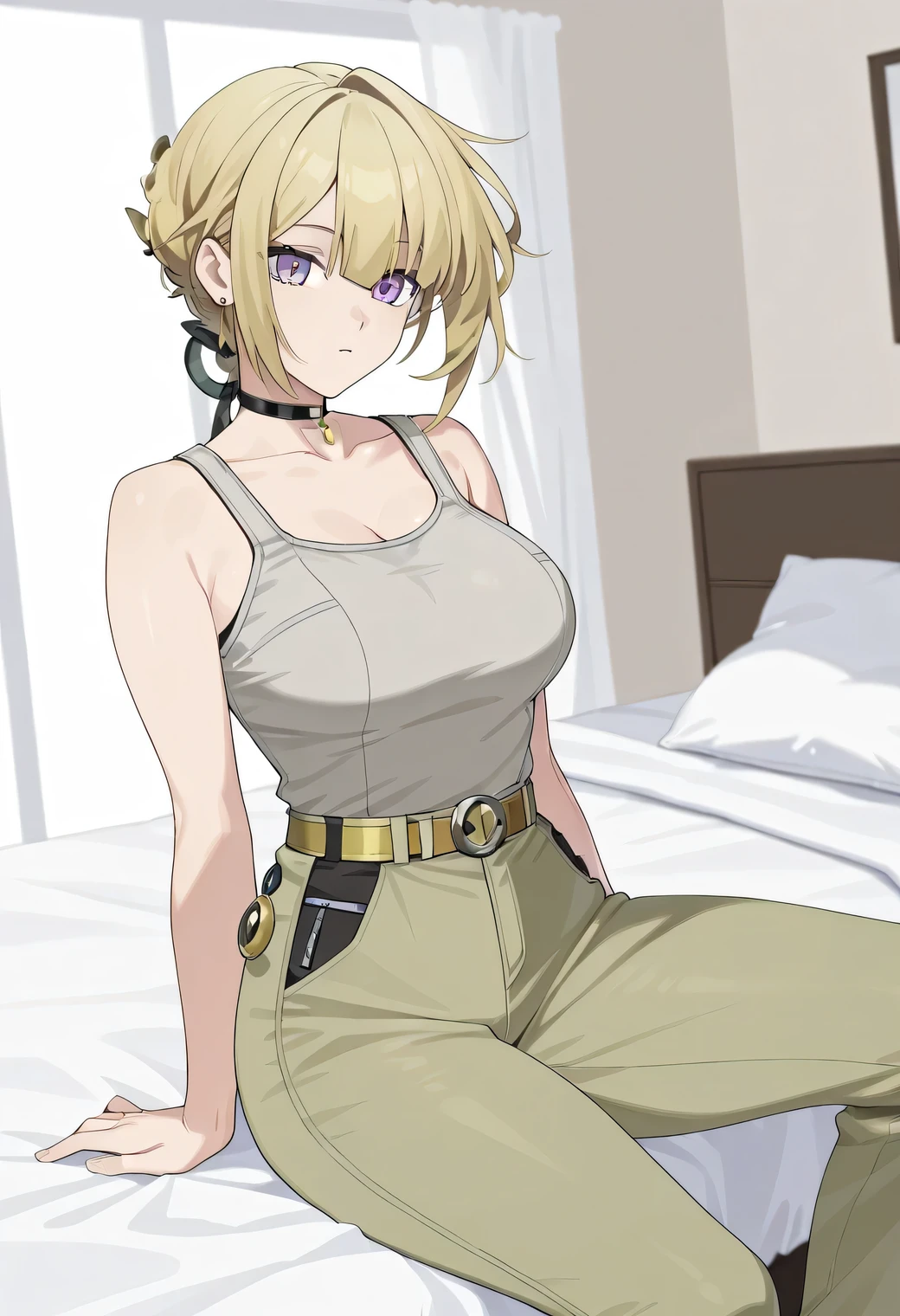1girl, solo, evelyn chevalier, purple eyes, blonde hair, short hair, yellow jewelry, olive green khaki pants, sexy yellow belt, light gray tank top that is tucked into her khaki pants, OLIVE GREEN PANTS, OLIVE GREEN KHAKI PANTS, light gray tank top, LIGHT GREY TANK TOP, bedroom, sitting, on bed,