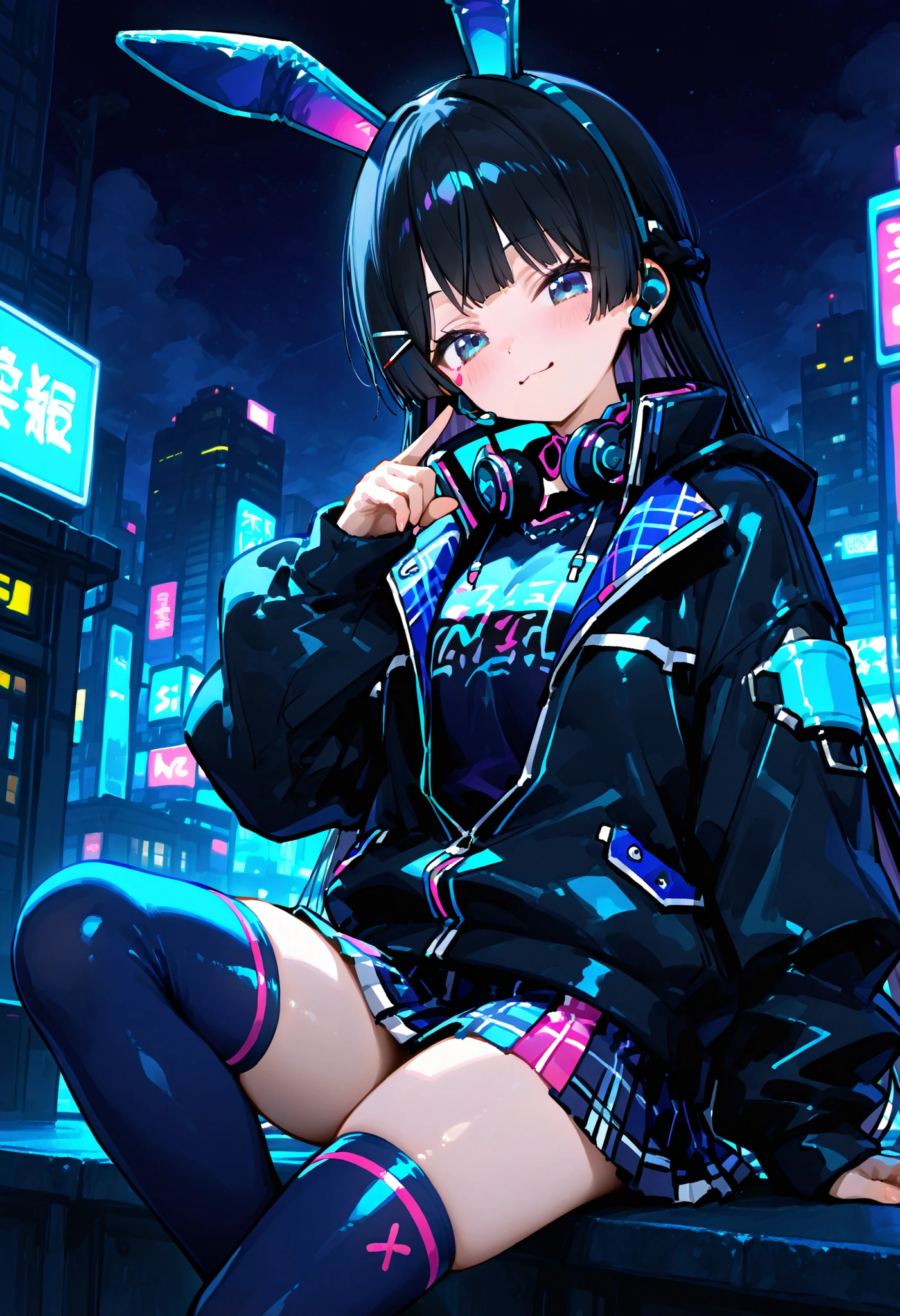 748cmstyle。Tsukino Mito (Nijisanji)、cyberpunk fashion。cyber jacket。Cyber Streets。sideways。Gadgets。headset。antennae rabbit ears。black hair。Neon Skirt。Cyber High Socks。Open Long Jacket