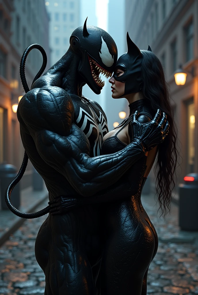 NSFW, a wonder woman kneeling in front of a Venom big , (((1 wonder woman and 1 venom, couple, having sex))), (a Venom standing in front of a kneeling wonder woman sucking his penis), (wonder woman kneeling in front of a Venom:1.3), (wonder woman sucking his penis),1 wonder woman, (submissive lingerie),shot from diagonally forward,