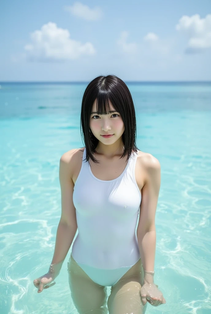 A black-haired anime girl wearing a blue one-piece swimsuit,On the banks of the waterfall,Crouching
