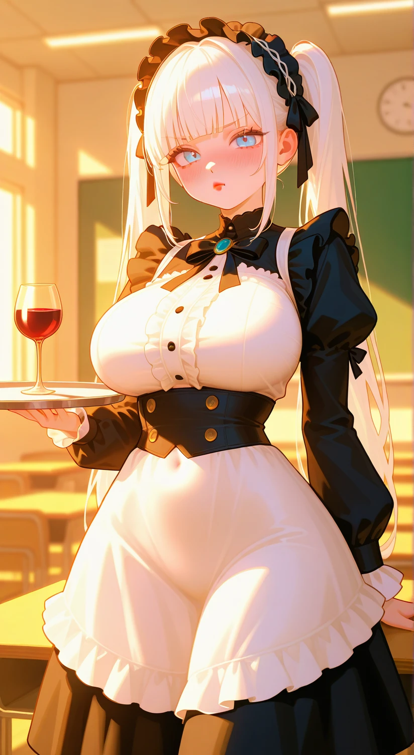 (masterpiece, best quality:1.4), illustration, 8k, hd, 1girl, solo, elegant_long_hair, white_hair, dress, white_thighhighs, no underwear, short_sleeves, frills, apron, brown_eyes, cleavage, metal_collar, anchor_choker, maid, white maid, ((big breast, glasses, smug)), (restaurant, maid cafe)
