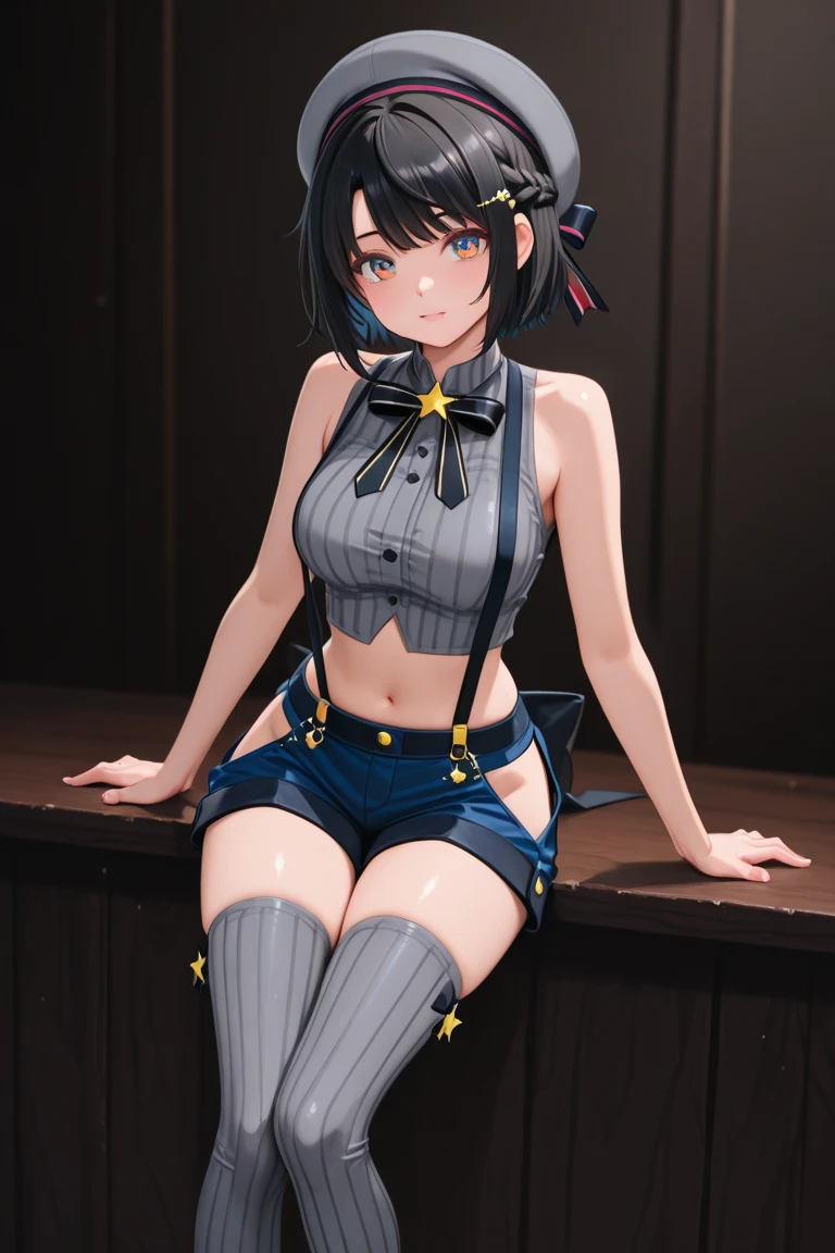 8K, Attractive, intensely detailed, 20 Year Old Girl, sexy and attractive woman with dark, black hair. She has beautiful sky-blue eyes with a heart inside. She is dressed in white, short and unbuttoned shirt. She is wearing a blue miniskirt. Her skirt is lifted up, and from under the skirt we see sexy, black lace panties with bow. A sexy body is visible, abdomen in particular.