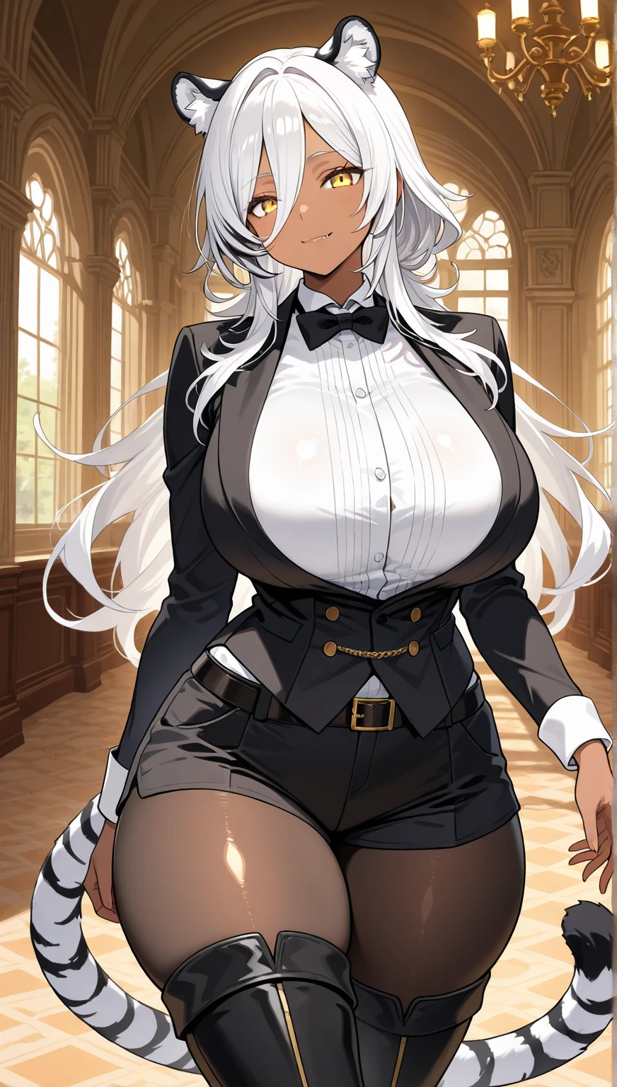 (masterpiece:1.2), (best quality:1.2) 1girl, smiling, big breasts, very dark skin, office suit, white hair, frills, green eyes, semi realistic, anime girl