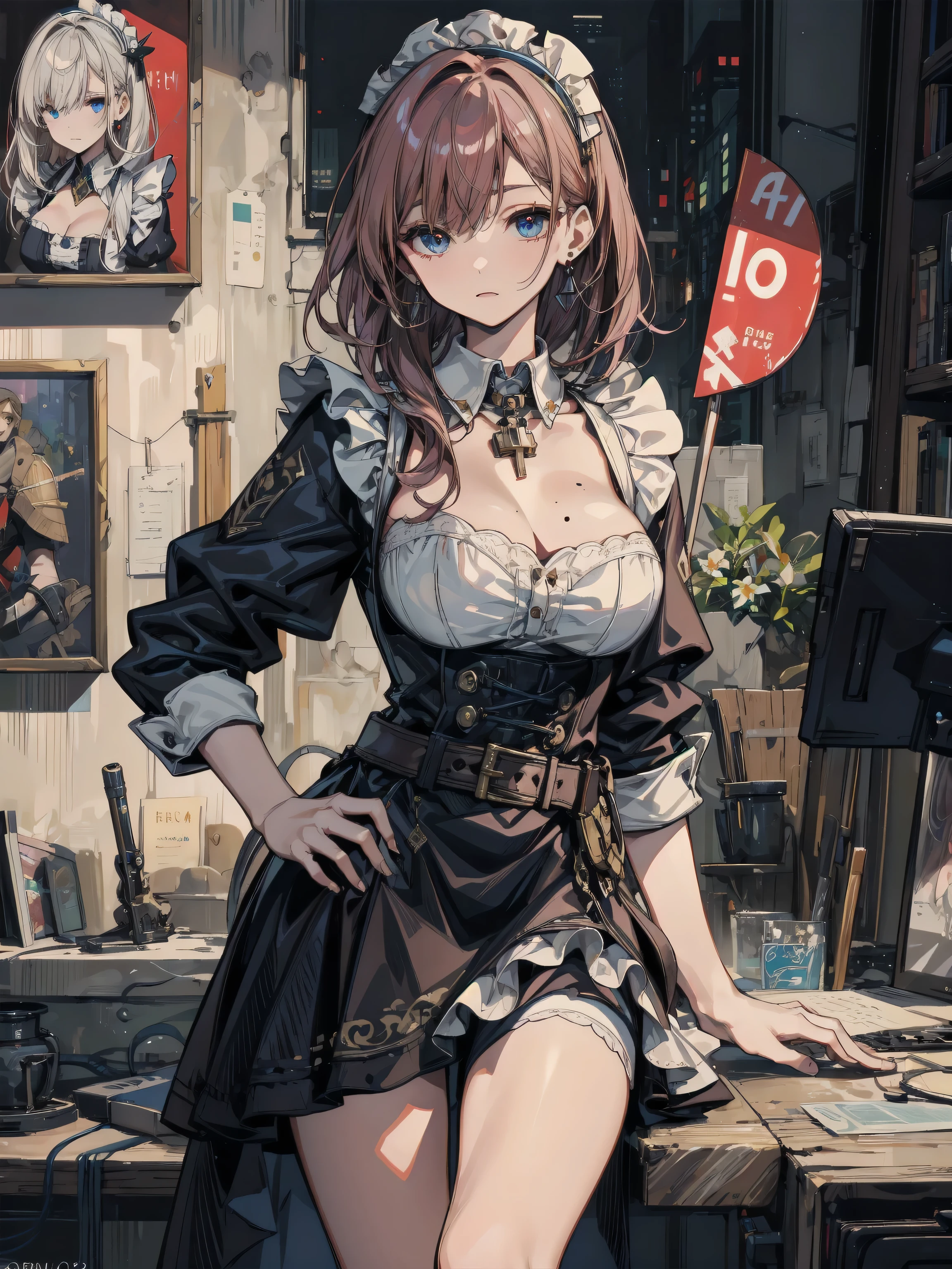 (Alone),Mei Hatsume, a girl with yellow eyes with cross-shaped pupils and asymmetrically combed pink hair, with two longer strands on the right side of her face, stood in front of a full-figured woman. long mirror admiring your reflection.(Wearing),+,Wearing),+,(\A maid uniform with The apron is made of sheer, almost translucent black lace, which barely hides the maid's curvaceous body underneath. The front falls scandalously low, exposing the fullness of her breasts and most of her cleavage. Thin straps hold the apron in place, digging into your shoulders and drawing attention to your toned arms. Her corset is a slinky red number with built-in push-up cups that enhance her already impressive bust size. The corset has a deep V-neckline that disappears into the apron, emphasizing her ample cleavage. Thong-style laces crisscross her back, drawing attention to her narrow waist and the tantalizing hint of her ass. Her miniskirt is made from the same sheer lace as her apron, ending at mid-thigh to give a full view of her toned legs and the red garter belt wrapped around them. The garter belt supports fishnet stockings that ride up mid-thigh, adding a touch of fetish to the overall look. On her feet, she wears stiletto heels with ankle straps, enhancing her seductive and leggy appearance. Her hair is styled in loose, tousled waves, framing her face and drawing attention to her full lips, painted a bold crimson red. To complete the look, she uses a white duster as a prop, using it to tease and caress her own body in suggestive ways. The overall effect is one of unabashed, unapologetic sexuality packaged in a classic maid uniform that has become entirely explicit and provocative.)/,+,(\Facing the front of the fourth wall looking at the fourth wall:1.5)/