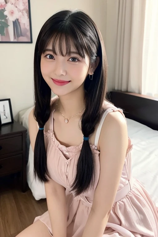 (((masterpiece))), (((Full body photo))), (One beautiful Japan girl, Innocence,kawaii) ,超A high resolution, Realistic, ultra-detailliert, 8K,top-quality, Extremely detailed, Detailed background,A slender,(very beautiful japanese girl, Detailed face:1.3), (Braids,A dark-haired :1.4), (a baby face,kawaii系,adorable 14 year old girl), (Perfect body:1.1),,キュートでkawaii笑顔、Please show me your beautiful teeth, rosy cheeks、As-、dressing gown、Soft dress、white nightdress、Lying in bed、One leg open、Upper body portrait、Super Detailed Face、Detailed lips、A detailed eye、small gravure idol,Transparent skin、ta,Photorealistic:1.37,no-makeup,Neutral Lighting、A room in a luxury hotel、You can see the beautiful night view from the window......
