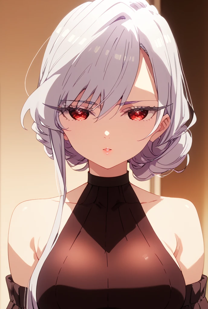 1girl,medium breasts,hotel room,(8k),scratches,detailed face,white hair,red eyes,medium hair,embarassed,small smile face,high_res, high_definition,sexy pose,black sexy lingerie,