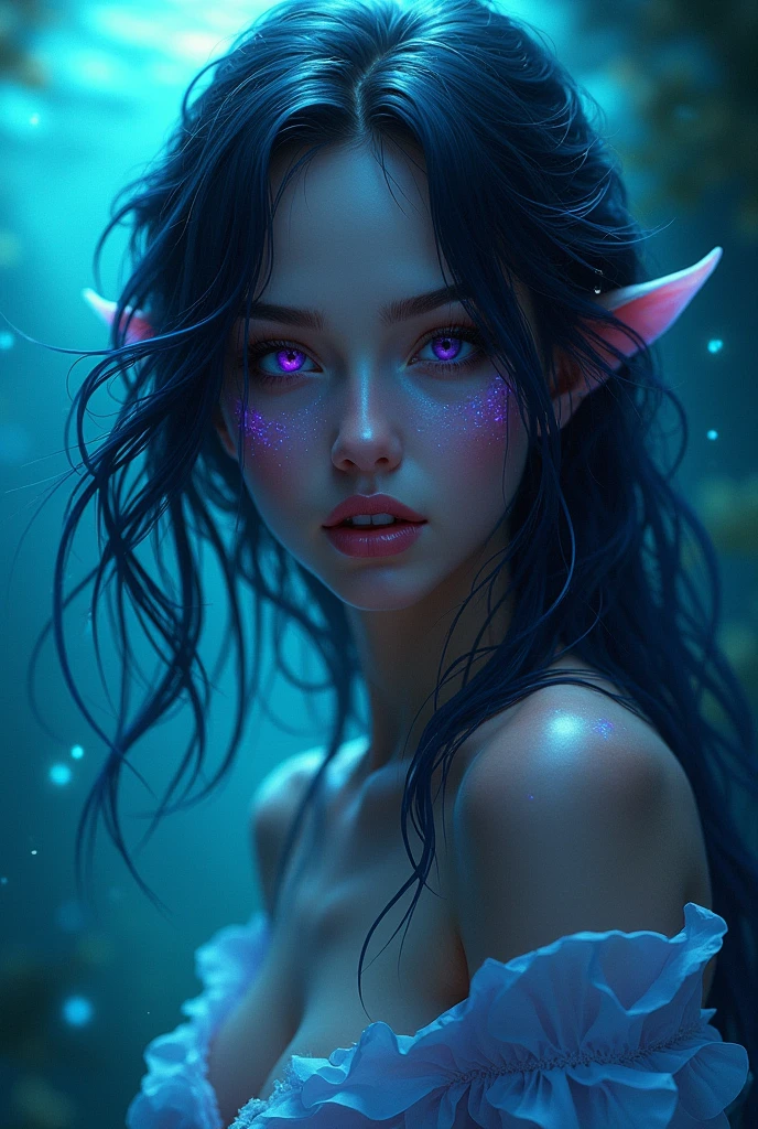 Uma Tiefling morena com cabelos muito longos tomando banho, Realistic, Muitos detalhes, Tema Fantasia Medieval, corpo inteiro, rosto da princesa, corpo definido, Realismo, Cinematic lighting, de cima, super detalhe