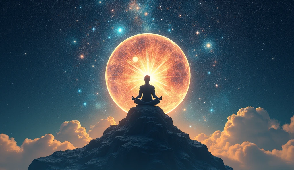 A picture of Prophet Ibrahim meditating at night, with the stars, moon, and the sun in the sky, followed by a light that appeared from the sky towards him.