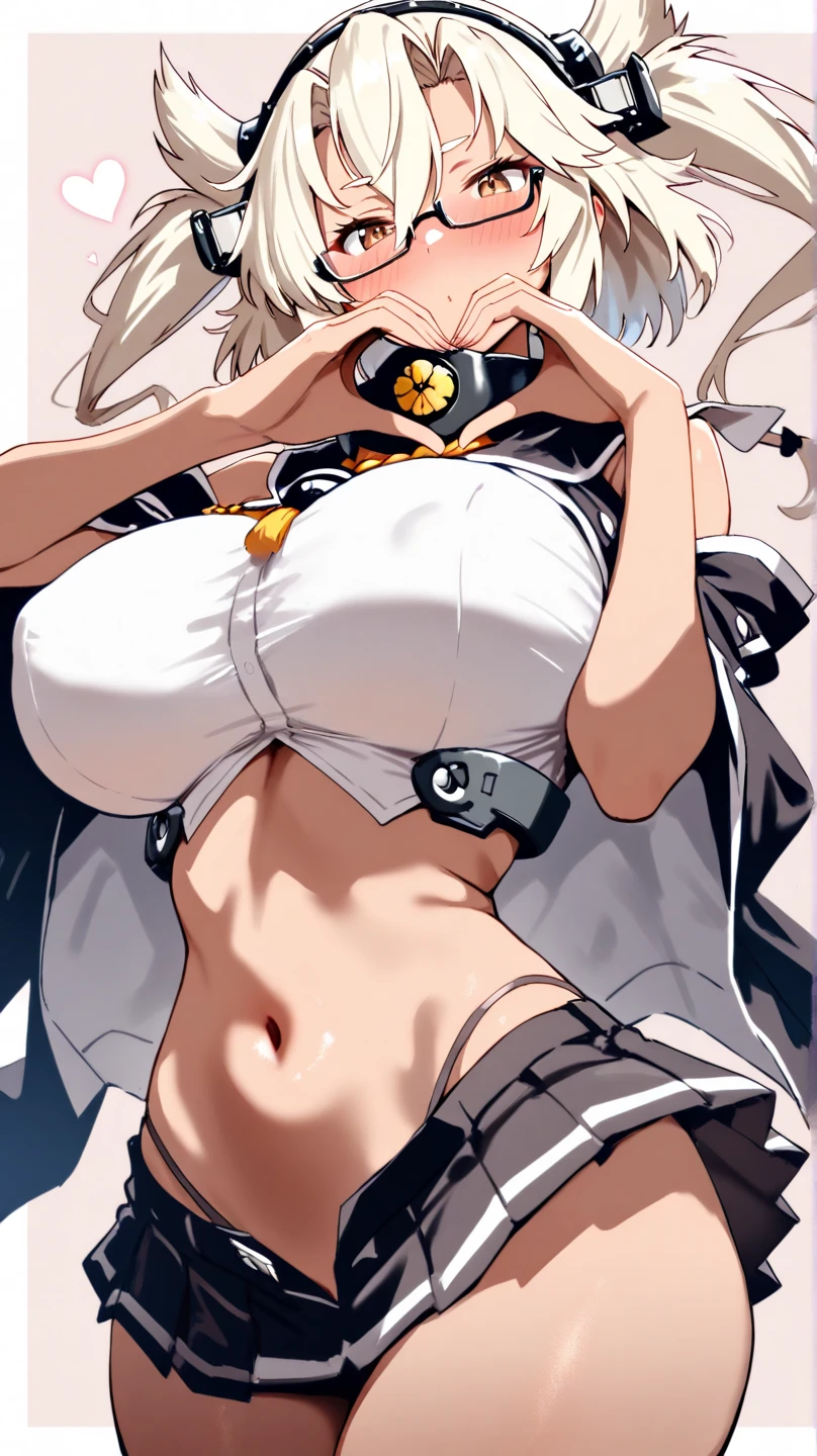 score_9,score_8,score_7,score_8_up,score_7_up、a cartoon sexy asian woman in swimsuit with her hair up, 1girl, breasts, mask, black hair, animal ears, solo, shorts, yellow eyes, fox mask, smile, virtual youtuber, dark-skinned female, large breasts, dark skin, looking at viewer, o-ring, fox ears, piercing, mask on head