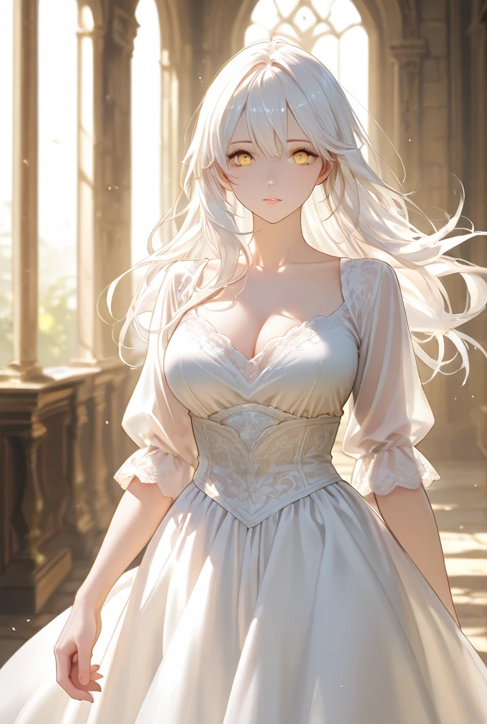 Portrait of the most stunningly gorgeous beautiful angelic goodness you can create, curved eyebrows, long luscious eyelashes, dark eyeliner, perfect makeup, larg breast, big ass, long legs, white sundress, looking back, daytime, sun rays illuminating the dress, perfect scenery
