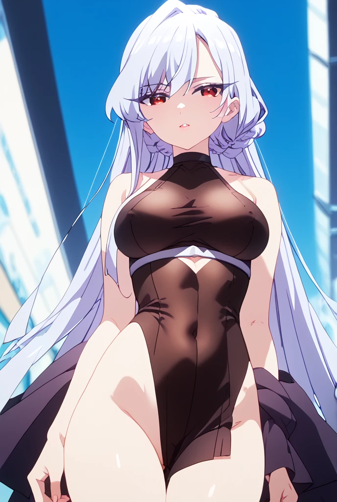 Alexia Midgar, Amine, The Eminence in Shadow, Best Quality, High Resolution, [Glitter], [Looking at the Viewer], (Long Hair, white Hair,), White Off-the-Shoulder Short Sleeves, Delicate Facial Features, Pink Lips,