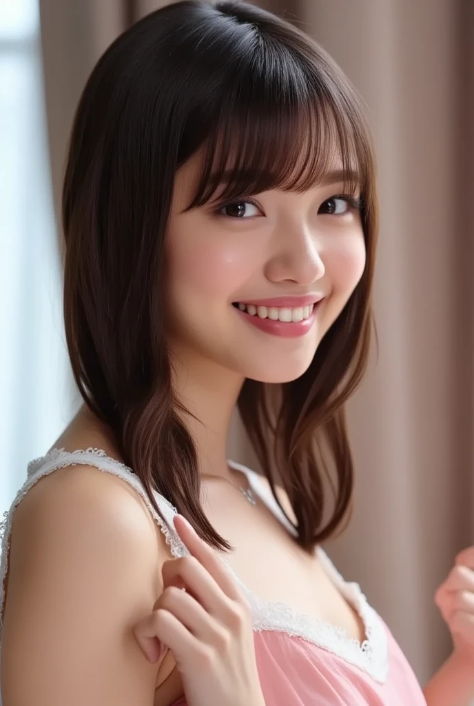 masterpiece,best quality,(Japanese ),((Beautiful girl)),cleavage,indoor,(perfect body beauty:1.2),(shy smile),beautiful teeth,