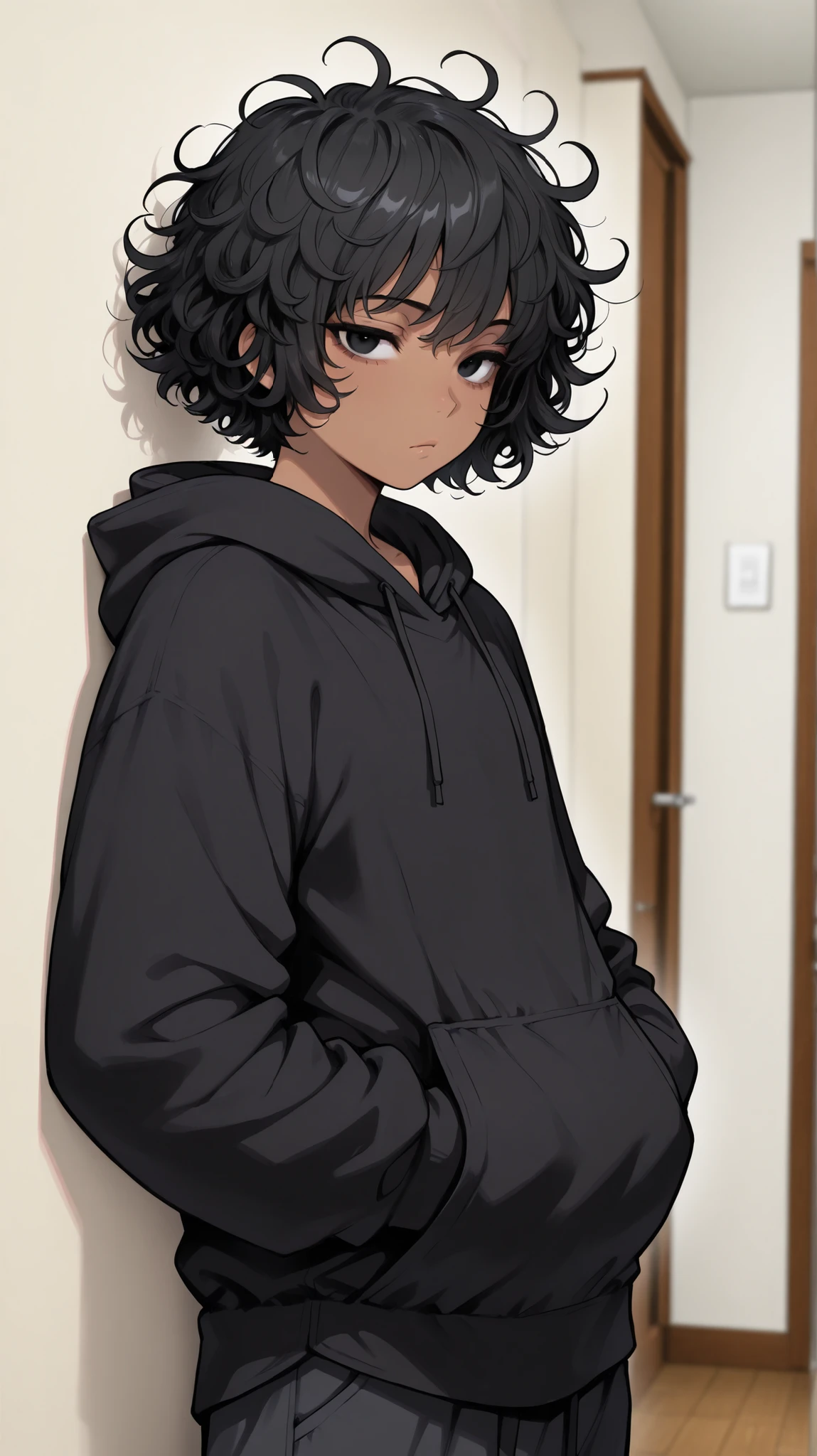 1boy , femboy , Tan skin , messy hair , black hair , black eyes , black hoodie , Big hoodie , bored expression , delicate features High Resolution , Masterpiece , Accurate , Anatomically Correct , (short hair) , looking at Viewer , Curly Hair , Bedroom background , leaning against the wall ,  Baggy pants